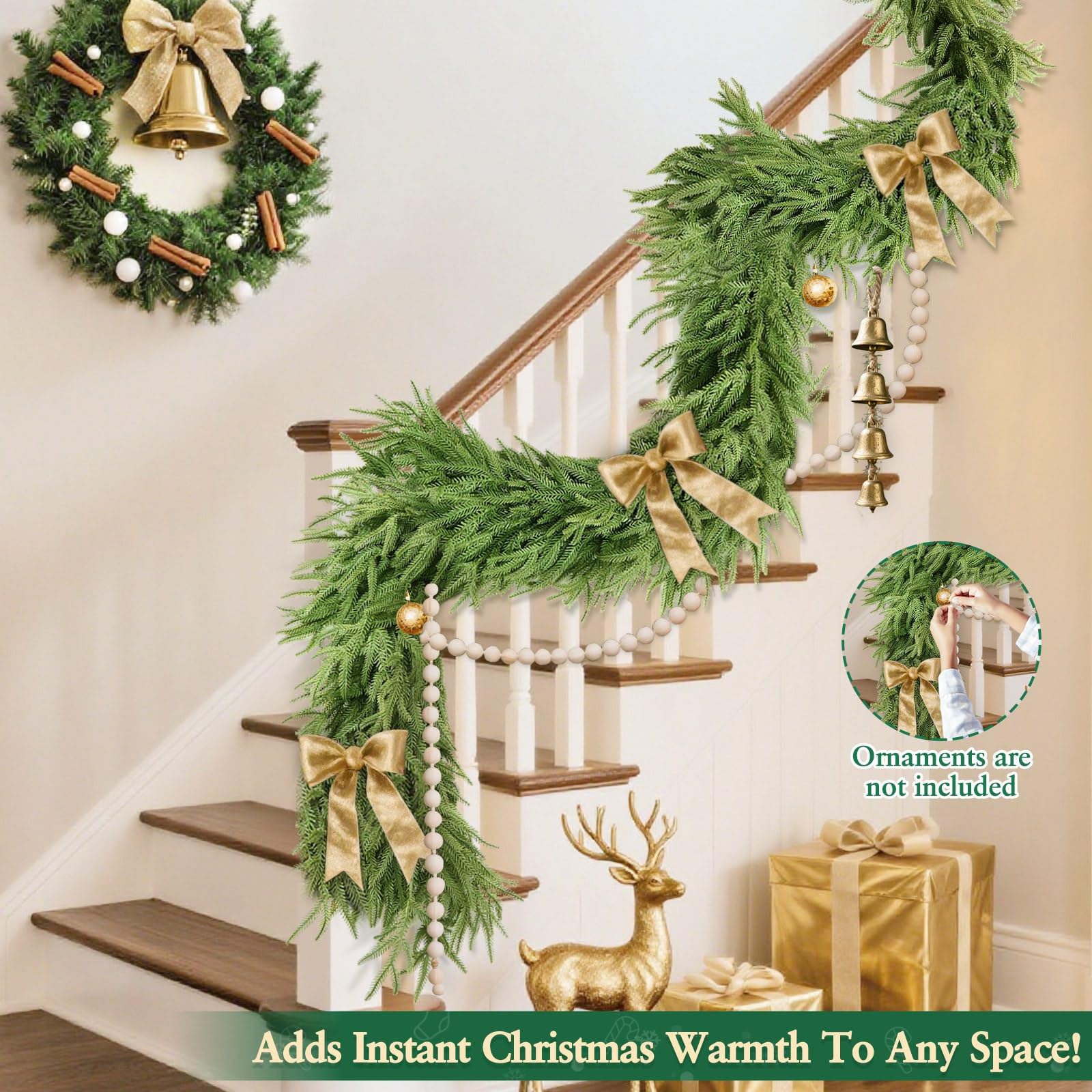 Prelit & Timer - 6 Ft by 10 Inch Lighted Christmas Garland Norfolk Pine Garland Real Touch Cedar Garlands Realistic Soft Thickness Greenery Garlands 120 Branches Tips for Table Mantle Fireplace Stairs - Image 7