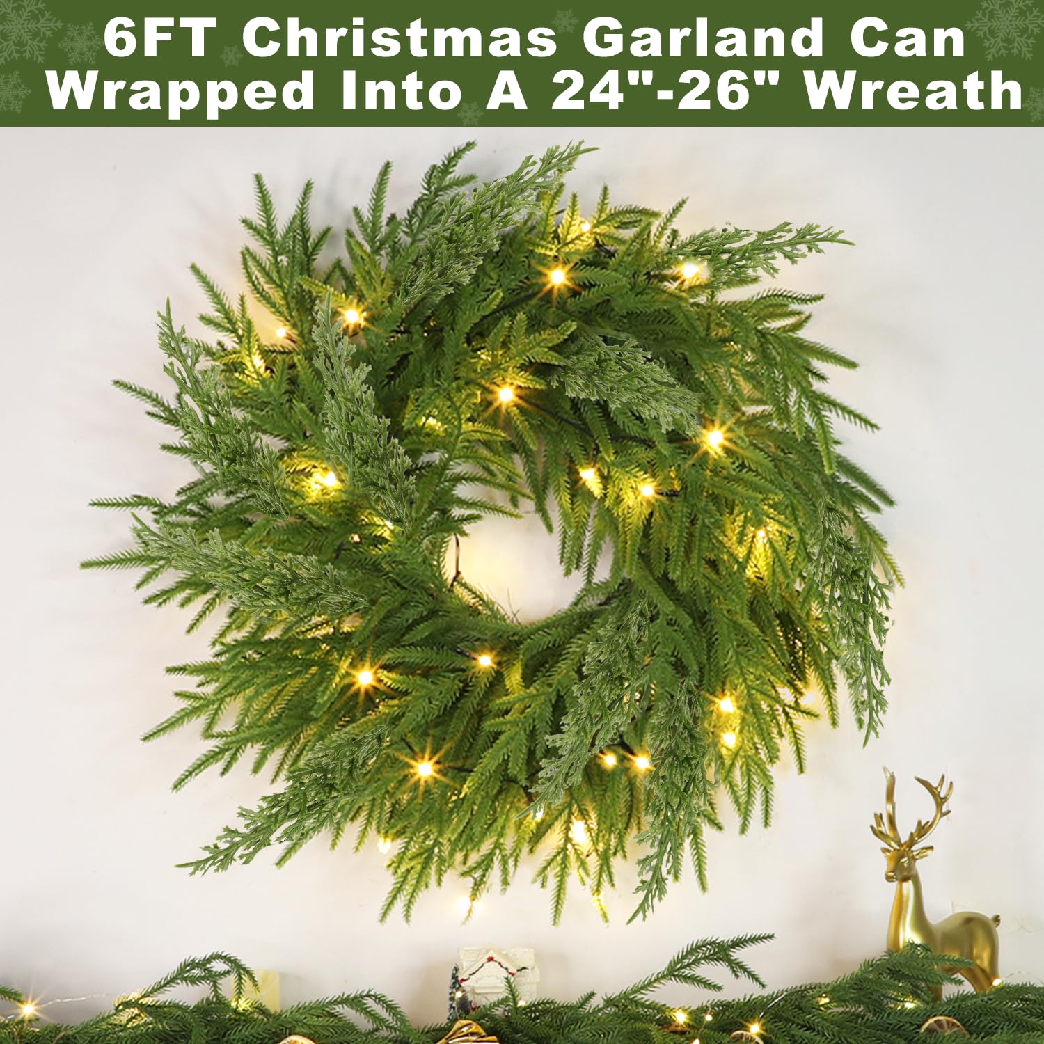 Prelit & Timer - 6 Ft by 12 Inch Christmas Garland with Lights, Real Touch Norfolk Pine Garlands Cedar Garland Artificial Realistic Soft Thickness 120 Pine Cypress Tips for Mantle Table Stairs Railing - Image 3