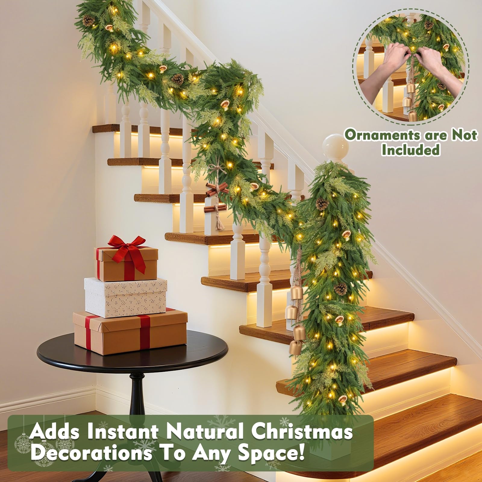 Prelit & Timer - 6 Ft by 12 Inch Christmas Garland with Lights, Real Touch Norfolk Pine Garlands Cedar Garland Artificial Realistic Soft Thickness 120 Pine Cypress Tips for Mantle Table Stairs Railing - Image 4