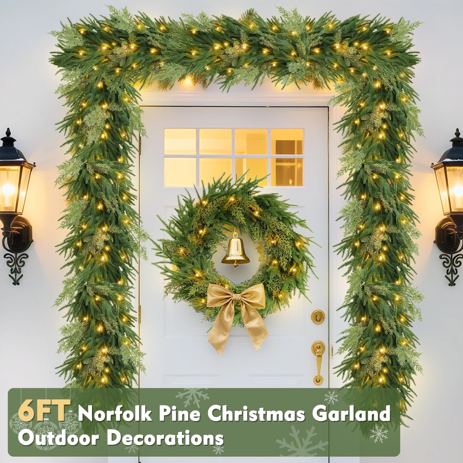 Prelit & Timer - 6 Ft by 12 Inch Christmas Garland with Lights, Real Touch Norfolk Pine Garlands Cedar Garland Artificial Realistic Soft Thickness 120 Pine Cypress Tips for Mantle Table Stairs Railing - Image 5