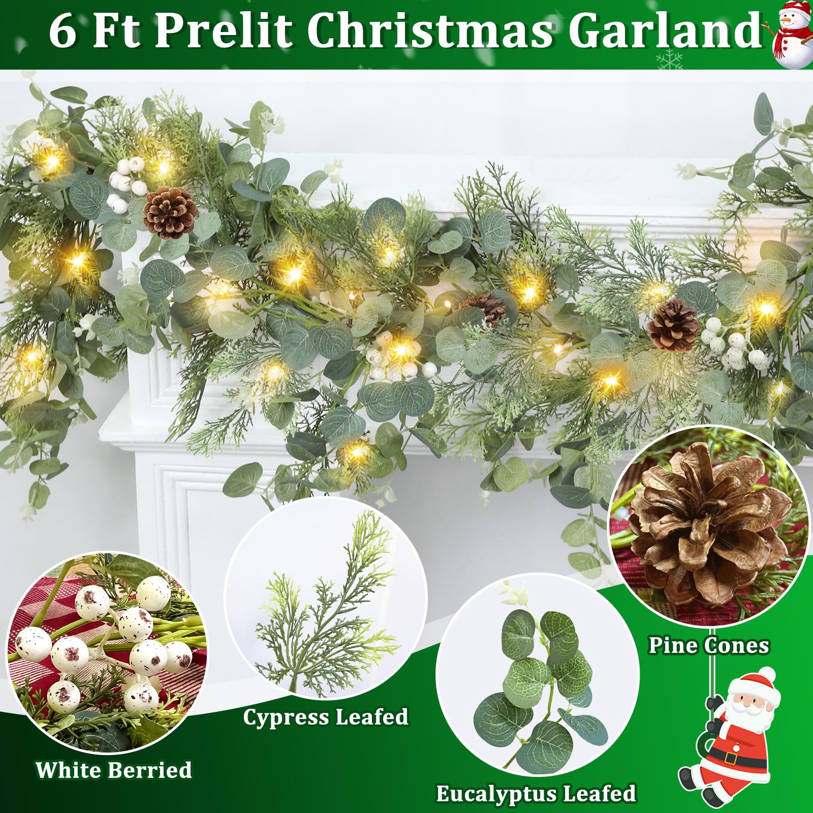Prelit & Timer - 6 Ft Christmas Garland with Lights, Real Touch Cedar Garland Soft Bendable Thickness Eucalyptus Cypress Pine Garland with Pinecone Berry, Lighted Garlands for Mantle Table Stairs - Image 3