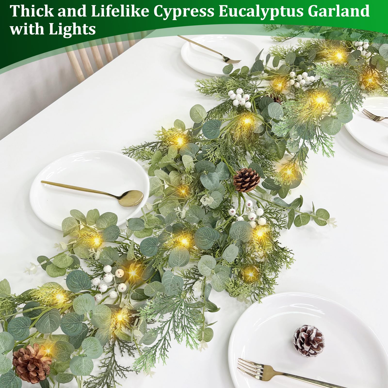 Prelit & Timer - 6 Ft Christmas Garland with Lights, Real Touch Cedar Garland Soft Bendable Thickness Eucalyptus Cypress Pine Garland with Pinecone Berry, Lighted Garlands for Mantle Table Stairs - Image 4