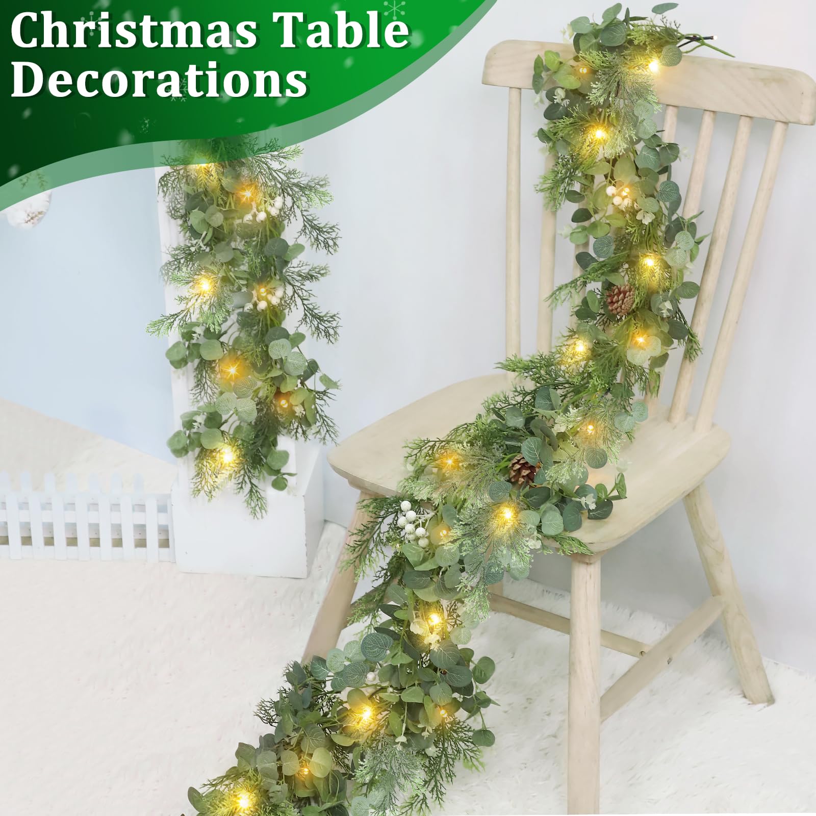 Prelit & Timer - 6 Ft Christmas Garland with Lights, Real Touch Cedar Garland Soft Bendable Thickness Eucalyptus Cypress Pine Garland with Pinecone Berry, Lighted Garlands for Mantle Table Stairs - Image 5
