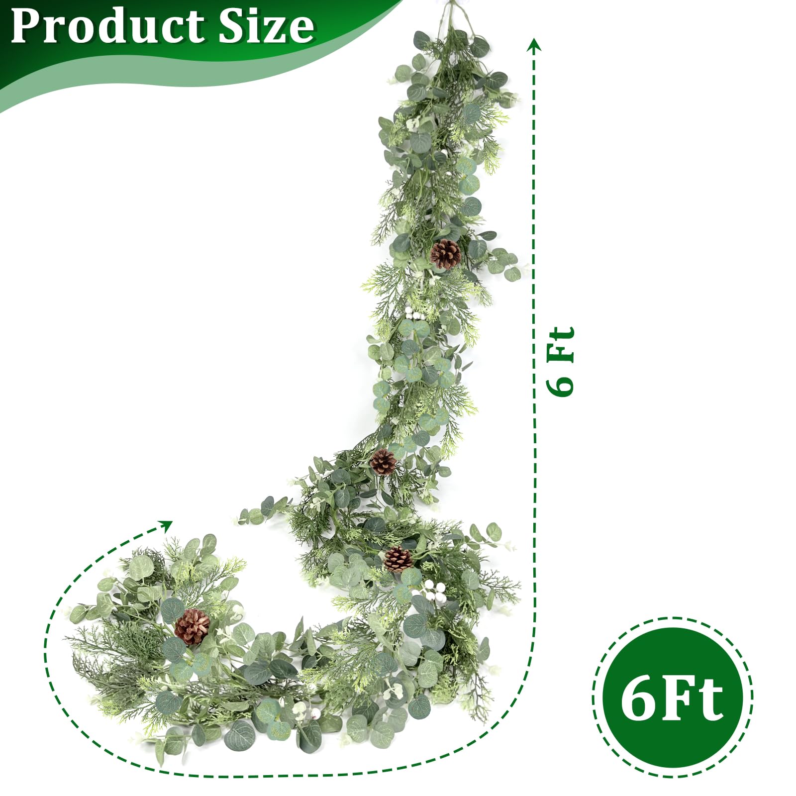 Prelit & Timer - 6 Ft Christmas Garland with Lights, Real Touch Cedar Garland Soft Bendable Thickness Eucalyptus Cypress Pine Garland with Pinecone Berry, Lighted Garlands for Mantle Table Stairs - Image 6