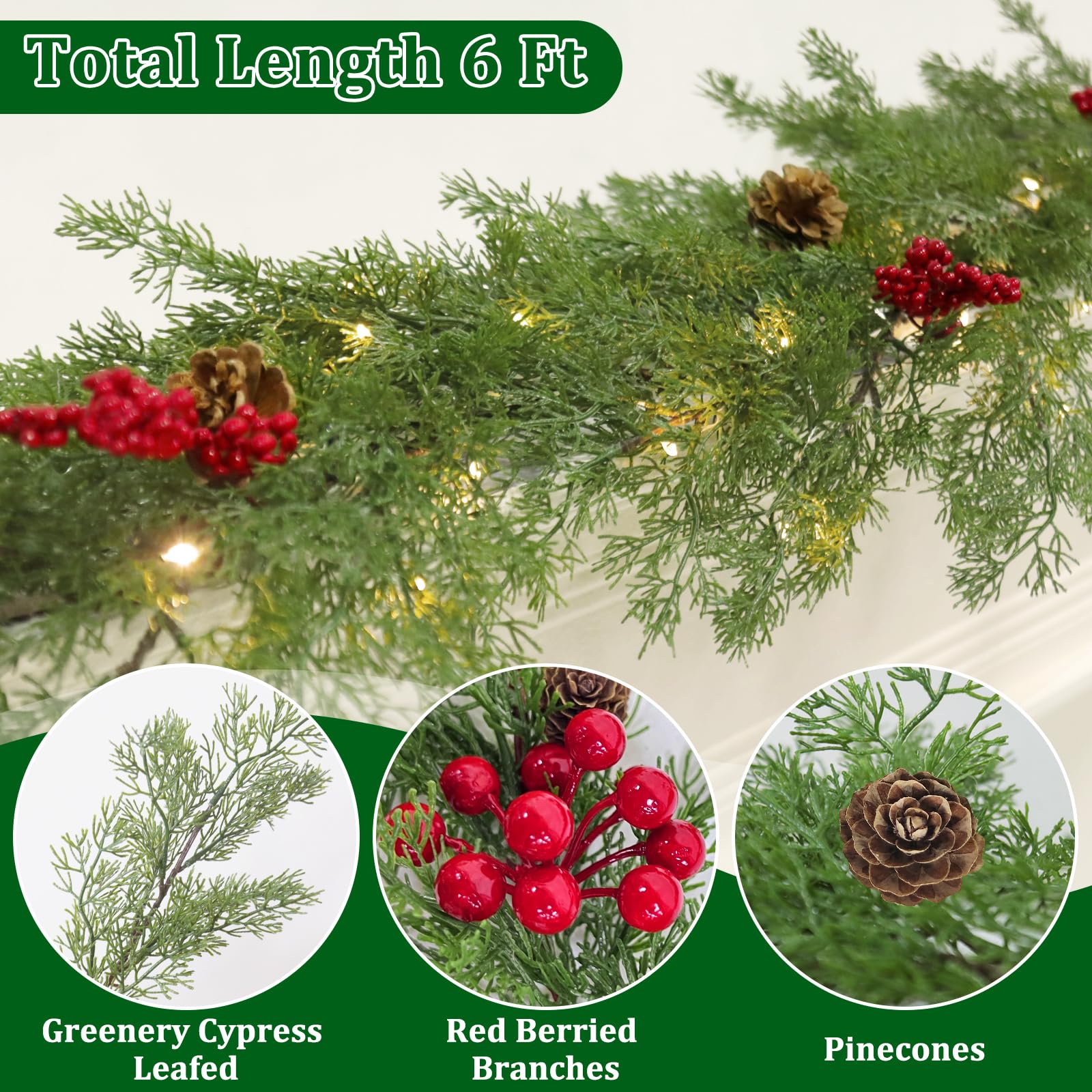 Prelit & Timer - 6 Ft Real Touch Christmas Cedar Garland with Lights, Lighted Christmas Garland for mantle Table Holiday, Soft Greenery Pine Cypress Garlands Pinecone Berry Battery Operated Xmas Decor - Image 3