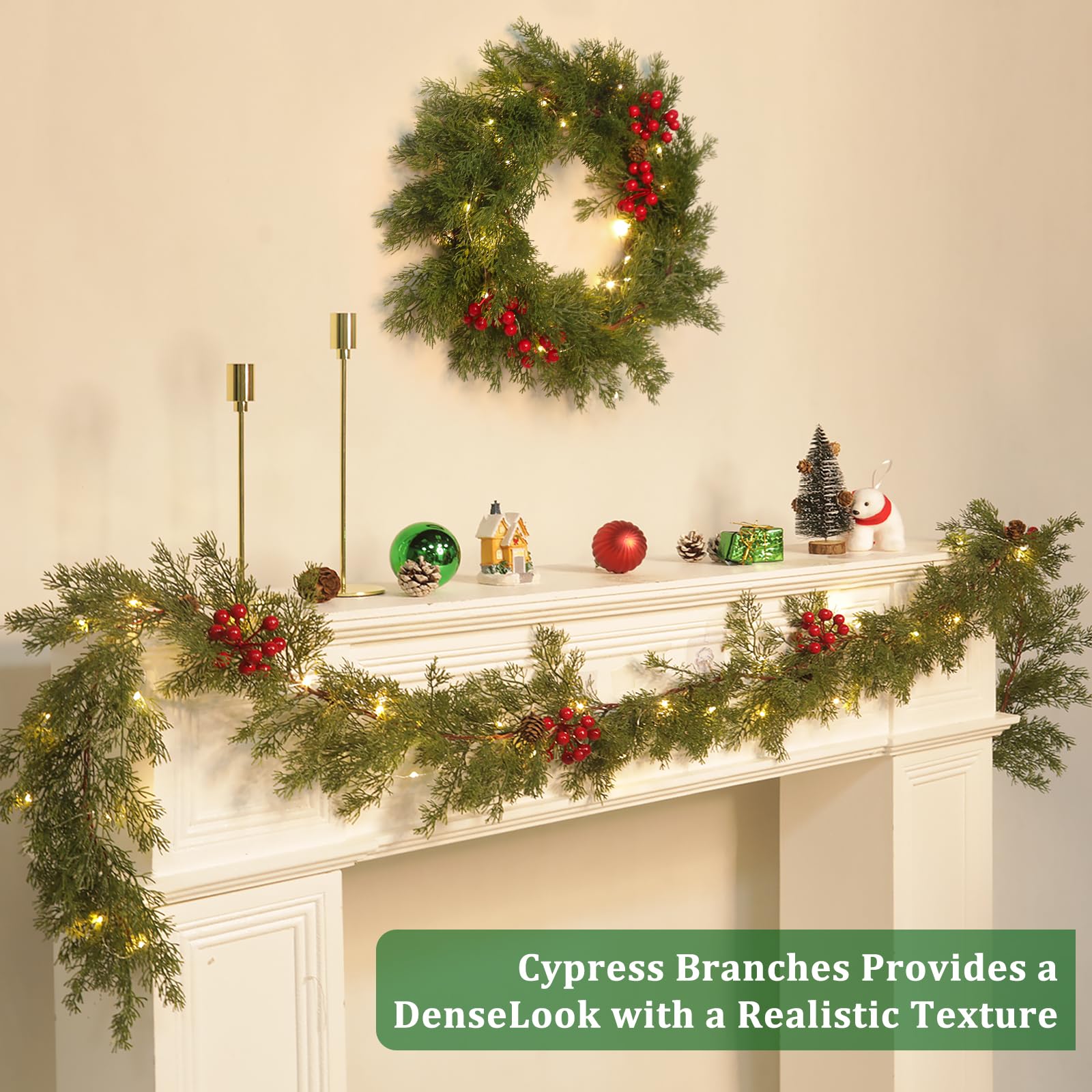 Prelit & Timer - 6 Ft Real Touch Christmas Cedar Garland with Lights, Lighted Christmas Garland for mantle Table Holiday, Soft Greenery Pine Cypress Garlands Pinecone Berry Battery Operated Xmas Decor - Image 4