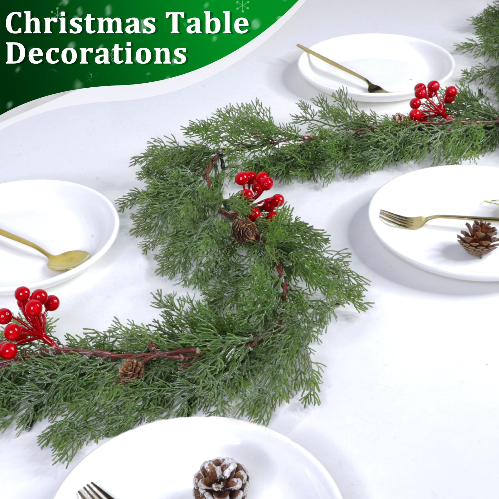 Prelit & Timer - 6 Ft Real Touch Christmas Cedar Garland with Lights, Lighted Christmas Garland for mantle Table Holiday, Soft Greenery Pine Cypress Garlands Pinecone Berry Battery Operated Xmas Decor - Image 5