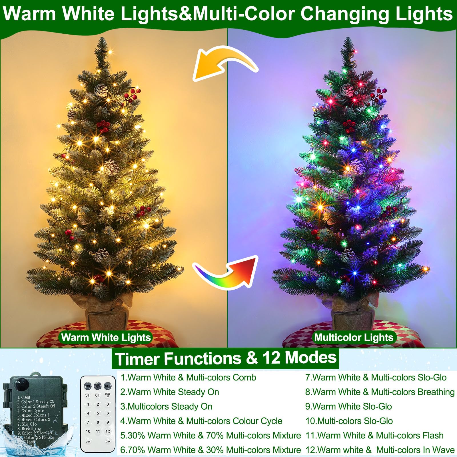 Remote Control - 3 Ft Artificial Mini Christmas Tree, Snowy Tabletop Christmas Tree 50 Warm White & Colorful Lights Timer Battery Operated 110 Branches 12 Pinecones 84 Red Berry Burlap Base Xmas Decor - Image 4