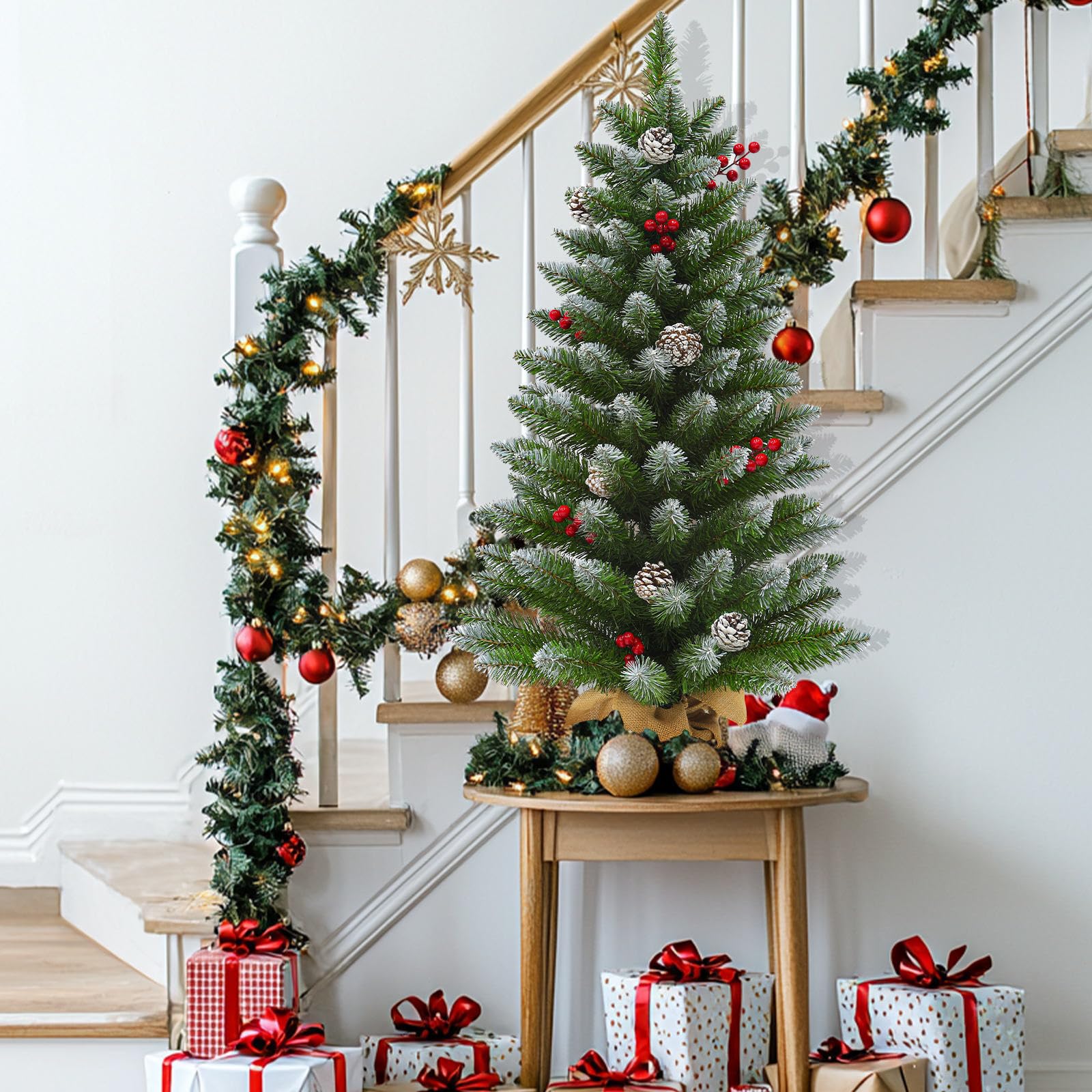 Remote Control - 3 Ft Artificial Mini Christmas Tree, Snowy Tabletop Christmas Tree 50 Warm White & Colorful Lights Timer Battery Operated 110 Branches 12 Pinecones 84 Red Berry Burlap Base Xmas Decor - Image 7