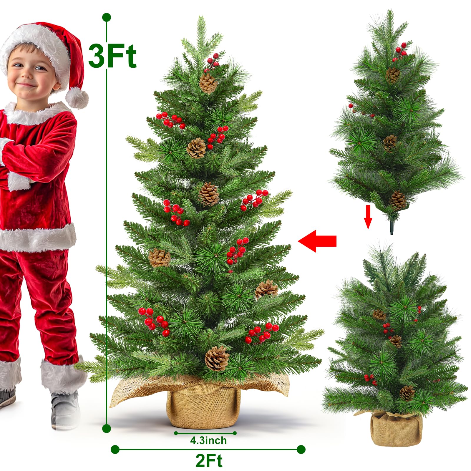 Remote Control-3 ft Artificial Small Christmas Tree with Dual Color Change Lights Timer, Perfect PE+PVC Spruce Mini Tabletop Christmas Tree, Pinecone Red Berry Burlap Base for Xmas Desk, Home Decor - Image 3
