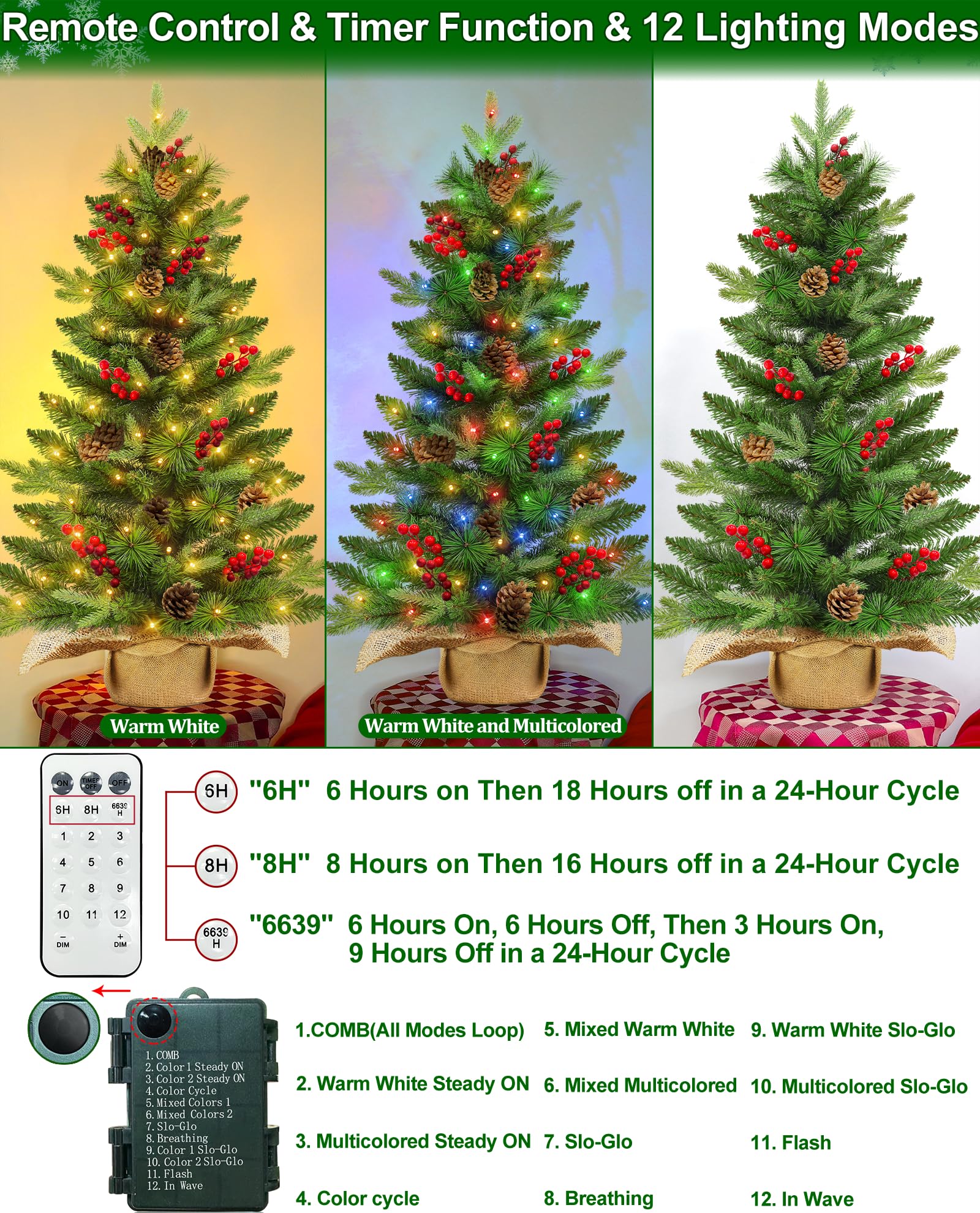 Remote Control-3 ft Artificial Small Christmas Tree with Dual Color Change Lights Timer, Perfect PE+PVC Spruce Mini Tabletop Christmas Tree, Pinecone Red Berry Burlap Base for Xmas Desk, Home Decor - Image 4