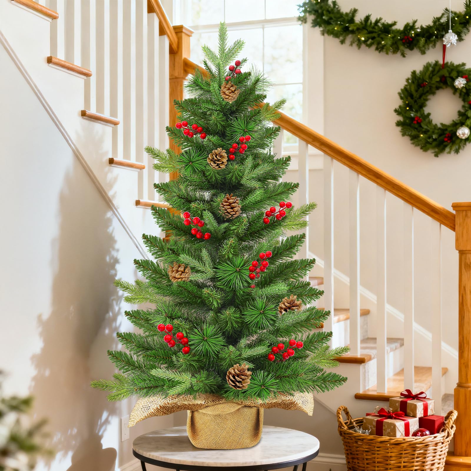 Remote Control-3 ft Artificial Small Christmas Tree with Dual Color Change Lights Timer, Perfect PE+PVC Spruce Mini Tabletop Christmas Tree, Pinecone Red Berry Burlap Base for Xmas Desk, Home Decor - Image 6