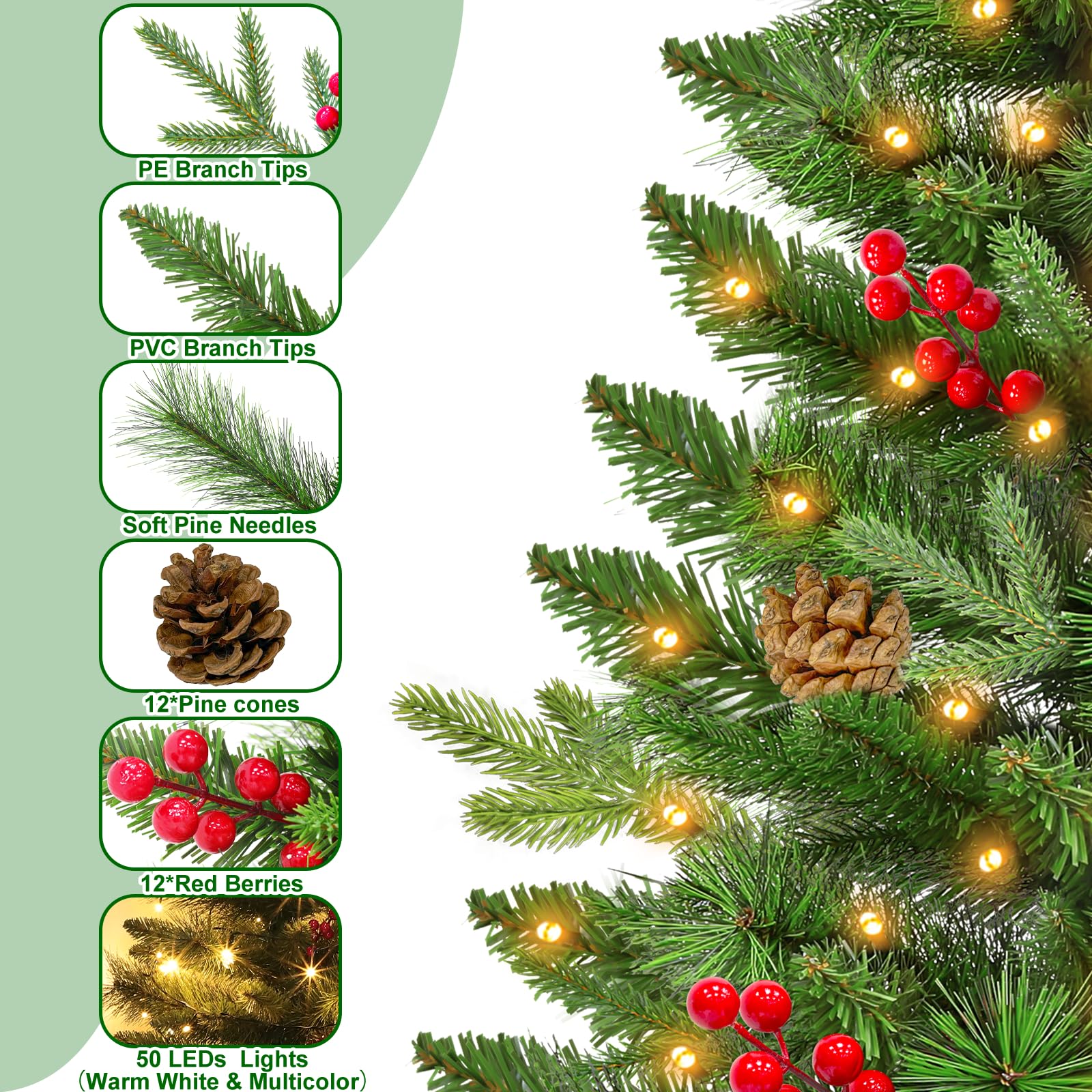 Remote Control-3 ft Artificial Small Christmas Tree with Dual Color Change Lights Timer, Perfect PE+PVC Spruce Mini Tabletop Christmas Tree, Pinecone Red Berry Burlap Base for Xmas Desk, Home Decor - Image 7