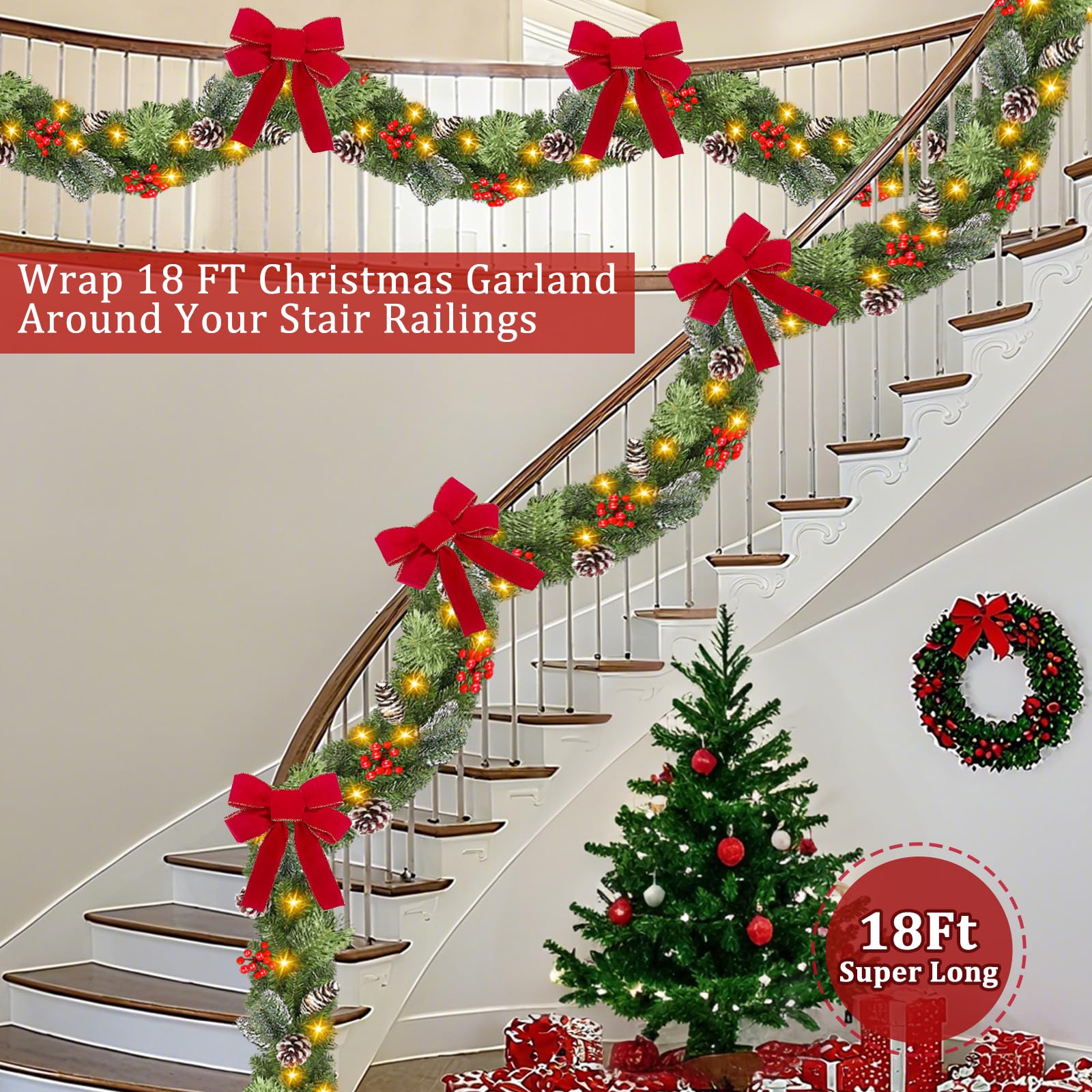 Super Long & Timer 8 Modes - 18 Ft by 10 Inch Prelit Outdoor Christmas Garland for Stair Porch Front Door Mantle, Battery Operated 100 Warm Lights Thick 460 Branch 15 Pinecone 165 Berry Cedar Garland - Image 4
