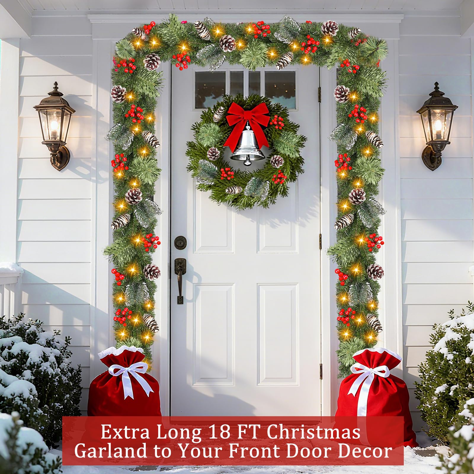 Super Long & Timer 8 Modes - 18 Ft by 10 Inch Prelit Outdoor Christmas Garland for Stair Porch Front Door Mantle, Battery Operated 100 Warm Lights Thick 460 Branch 15 Pinecone 165 Berry Cedar Garland - Image 5