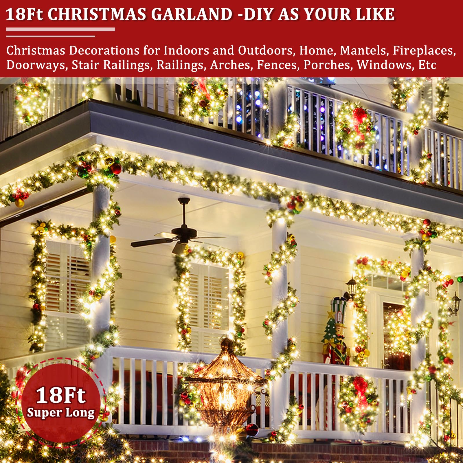 Super Long & Timer 8 Modes - 18 Ft by 10 Inch Prelit Outdoor Christmas Garland for Stair Porch Front Door Mantle, Battery Operated 100 Warm Lights Thick 460 Branch 15 Pinecone 165 Berry Cedar Garland - Image 6
