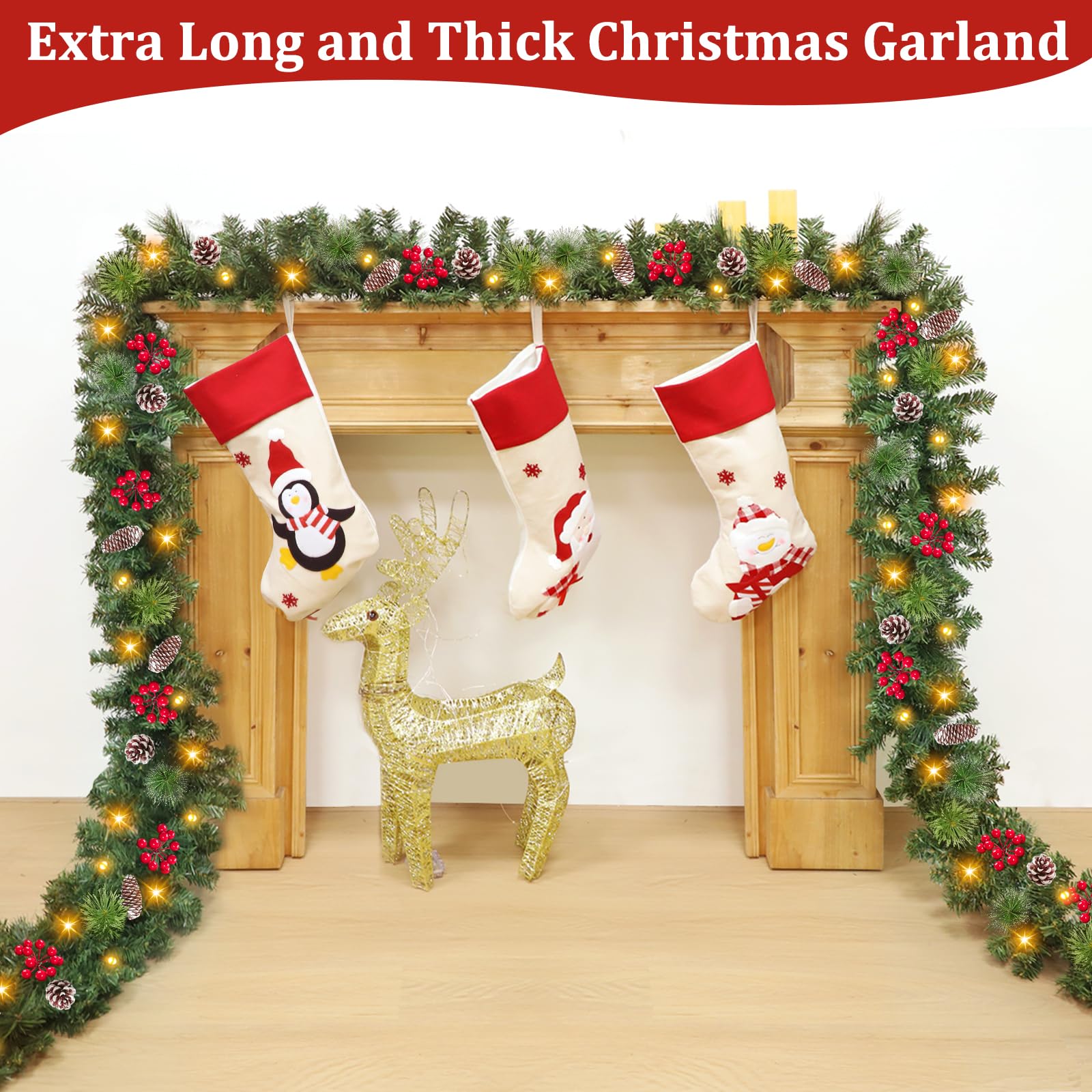 Super Long & Timer 8 Modes - 18 Ft by 10 Inch Prelit Outdoor Christmas Garland for Stair Porch Front Door Mantle, Battery Operated 100 Warm Lights Thick 460 Branch 15 Pinecone 165 Berry Cedar Garland - Image 7