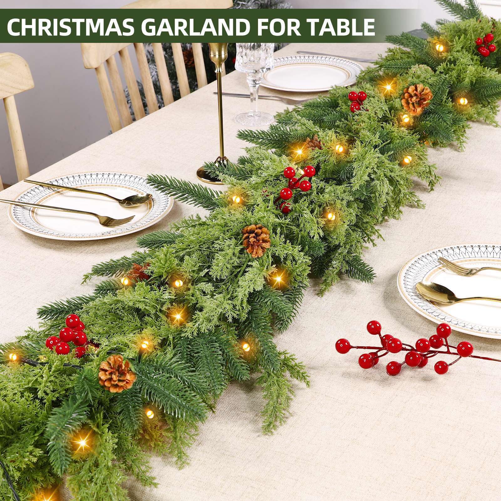 Thicker&Timer -6 Ft by 12 in Lighted Christmas Garland Real Touch Cedar Garland, Pre-Lit Lush Christmas Norfolk Pine Garlands Cypress Norfolk PE Tips Pine Cones Berries for Indoor Mantle Table Decor - Image 3