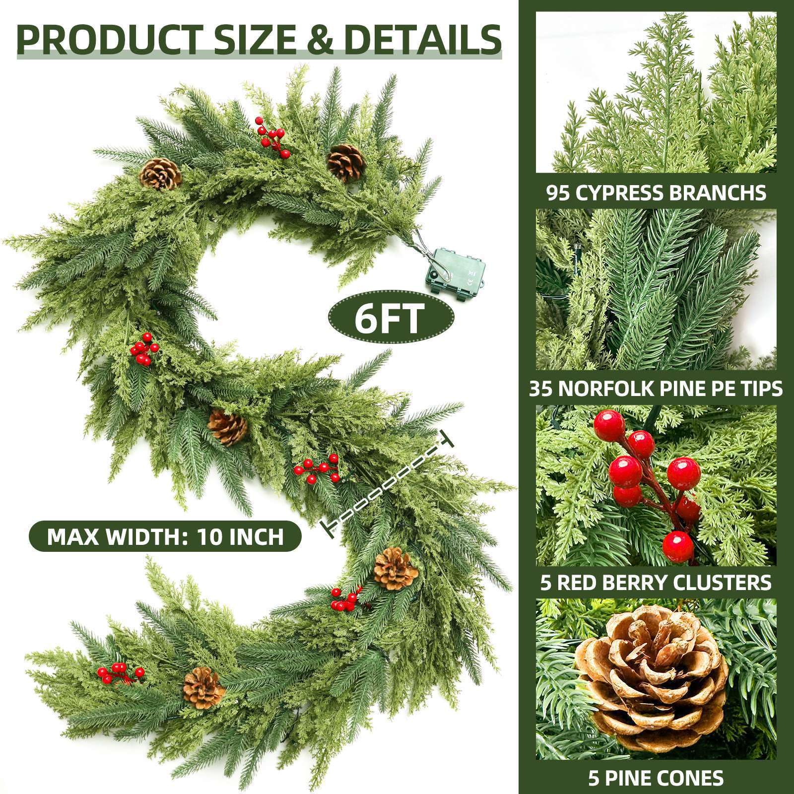 Thicker&Timer -6 Ft by 12 in Lighted Christmas Garland Real Touch Cedar Garland, Pre-Lit Lush Christmas Norfolk Pine Garlands Cypress Norfolk PE Tips Pine Cones Berries for Indoor Mantle Table Decor - Image 4