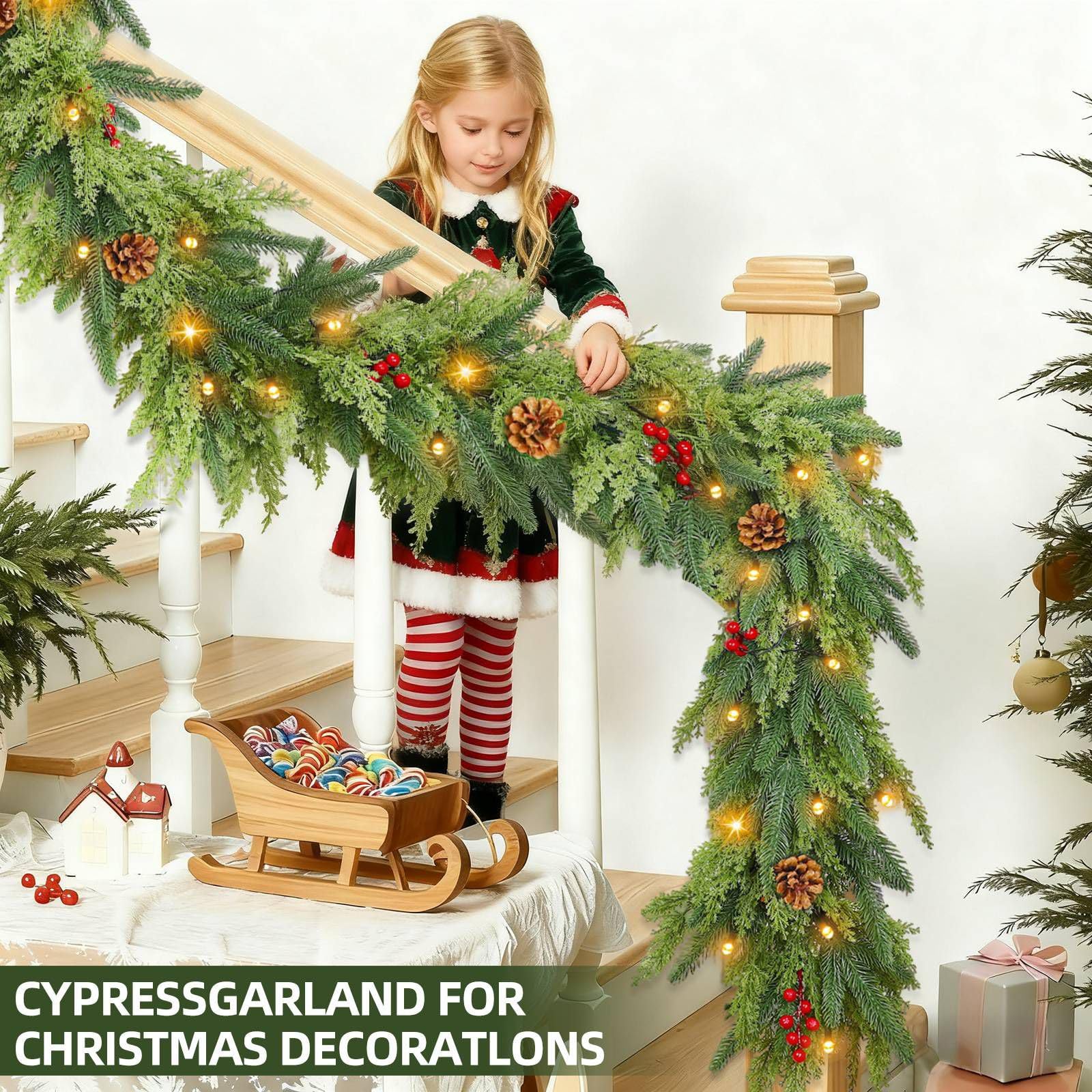 Thicker&Timer -6 Ft by 12 in Lighted Christmas Garland Real Touch Cedar Garland, Pre-Lit Lush Christmas Norfolk Pine Garlands Cypress Norfolk PE Tips Pine Cones Berries for Indoor Mantle Table Decor - Image 6