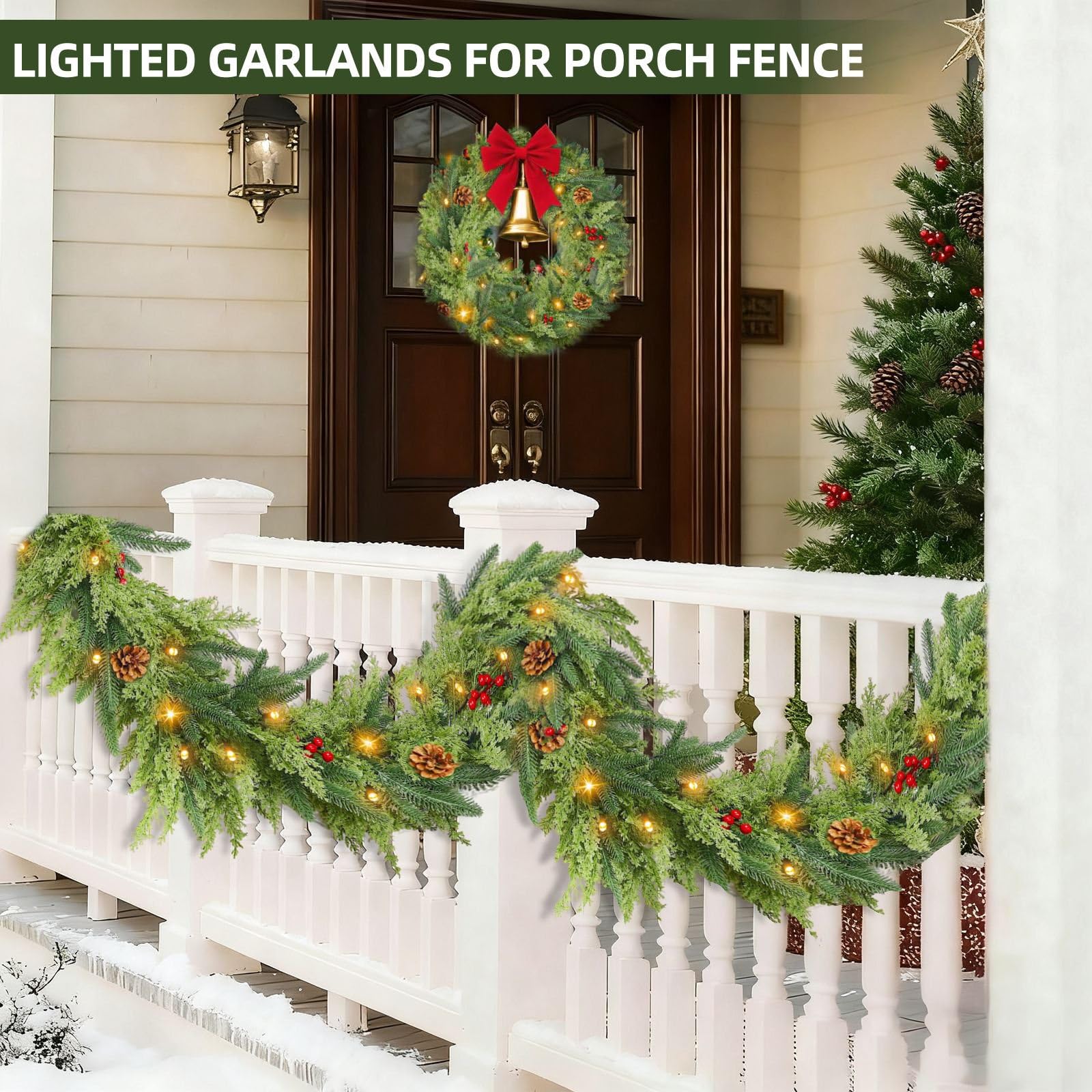 Thicker&Timer -6 Ft by 12 in Lighted Christmas Garland Real Touch Cedar Garland, Pre-Lit Lush Christmas Norfolk Pine Garlands Cypress Norfolk PE Tips Pine Cones Berries for Indoor Mantle Table Decor - Image 7