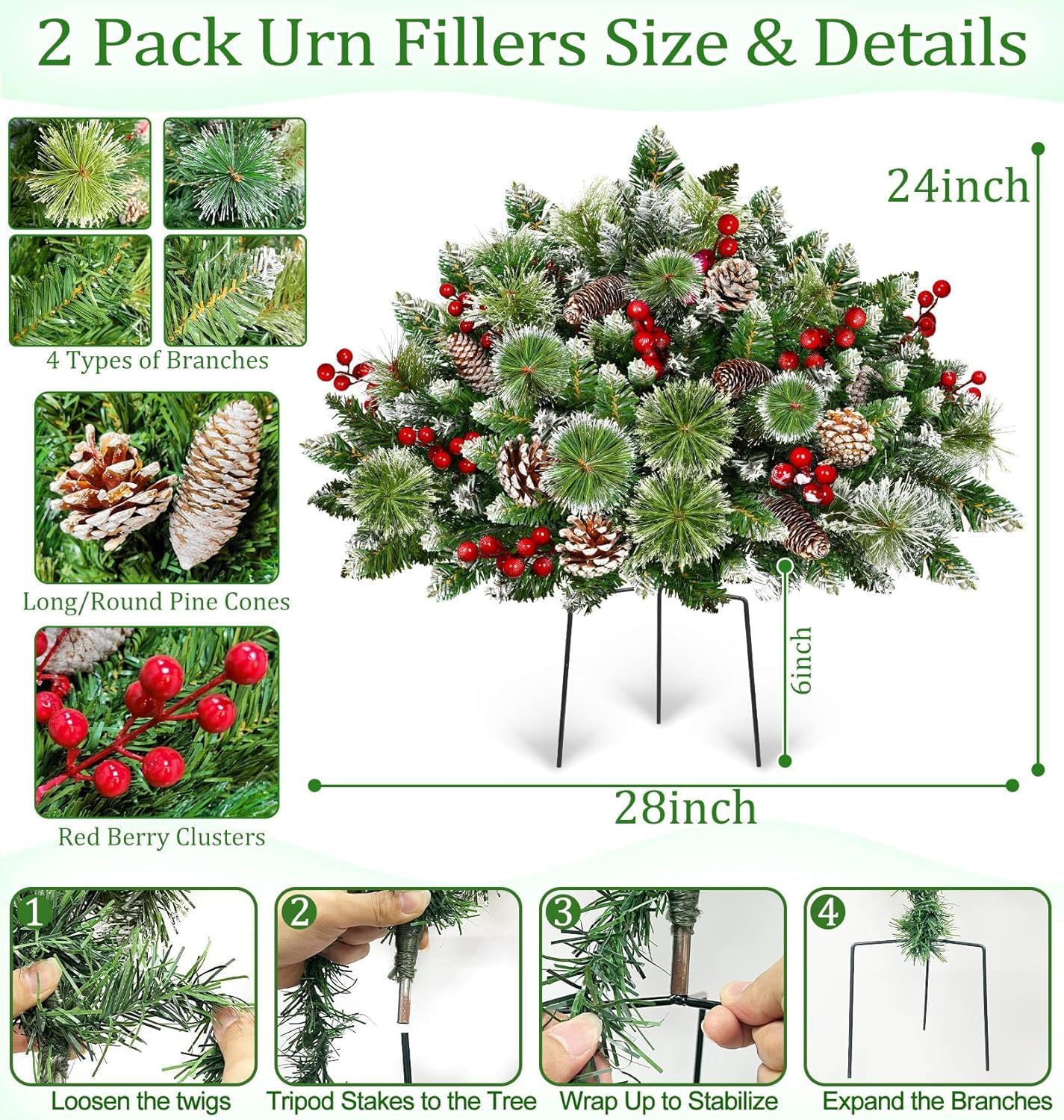 Timer - 2 Pack 24 Inch Lighted Outdoor Christmas Tree Urn Fillers Decorations,Warm White&Colorful Lights 8 Mode,Snowy Pinecones Red Berries Battery Operated Tripod Stake Holiday Planters Porch Pathway - Image 3