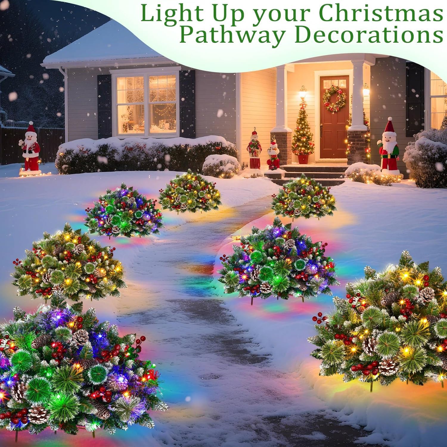 Timer - 2 Pack 24 Inch Lighted Outdoor Christmas Tree Urn Fillers Decorations,Warm White&Colorful Lights 8 Mode,Snowy Pinecones Red Berries Battery Operated Tripod Stake Holiday Planters Porch Pathway - Image 4