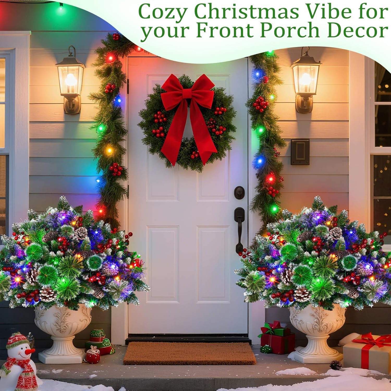 Timer - 2 Pack 24 Inch Lighted Outdoor Christmas Tree Urn Fillers Decorations,Warm White&Colorful Lights 8 Mode,Snowy Pinecones Red Berries Battery Operated Tripod Stake Holiday Planters Porch Pathway - Image 5