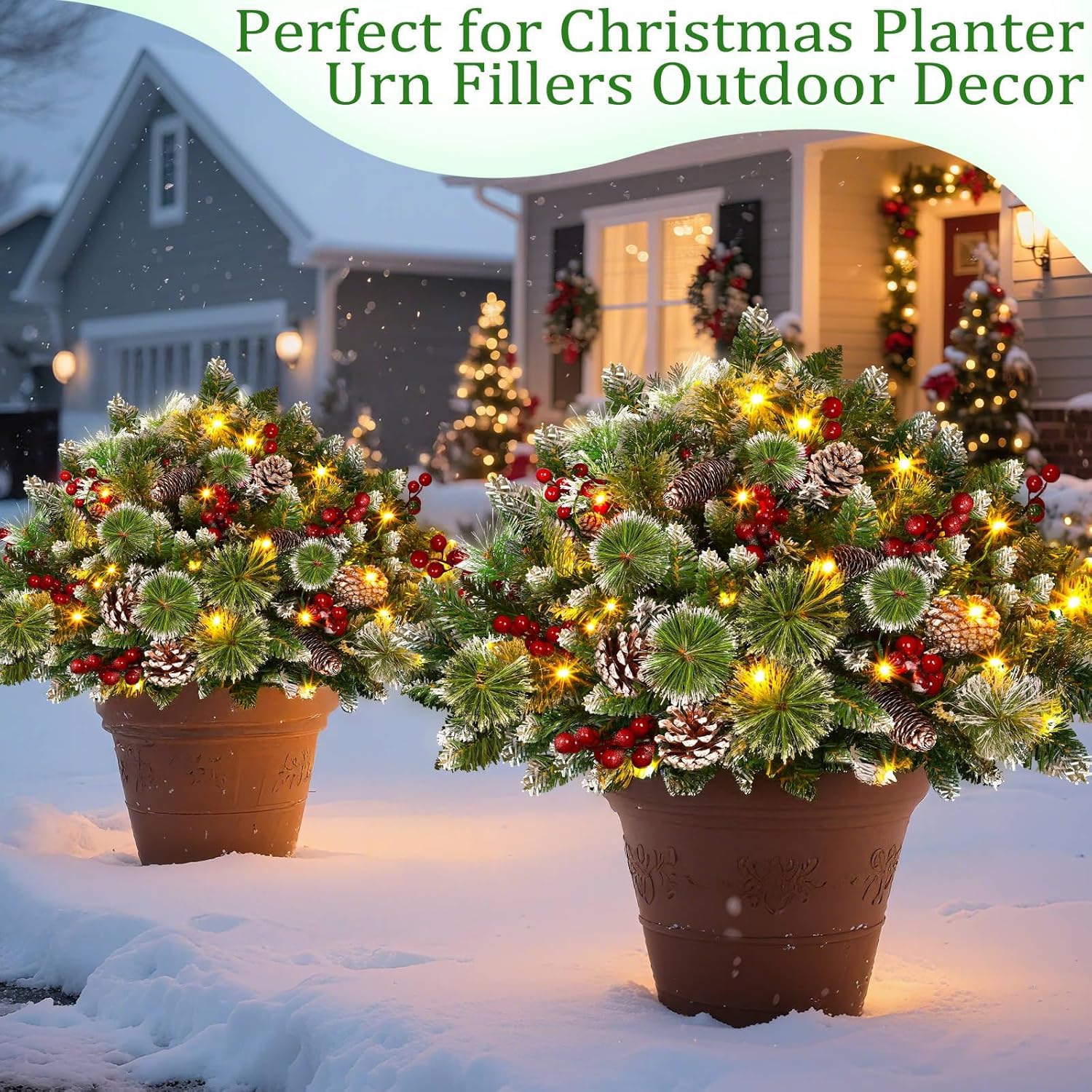 Timer - 2 Pack 24 Inch Lighted Outdoor Christmas Tree Urn Fillers Decorations,Warm White&Colorful Lights 8 Mode,Snowy Pinecones Red Berries Battery Operated Tripod Stake Holiday Planters Porch Pathway - Image 6