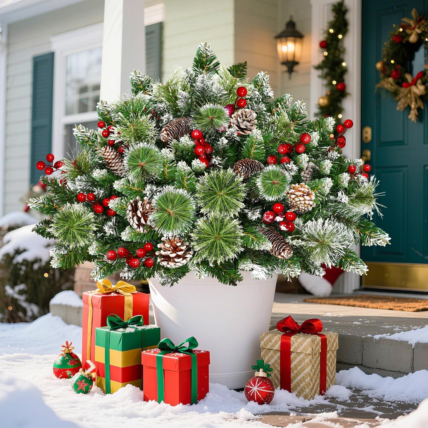 Timer - 2 Pack 24 Inch Lighted Outdoor Christmas Tree Urn Fillers Decorations,Warm White&Colorful Lights 8 Mode,Snowy Pinecones Red Berries Battery Operated Tripod Stake Holiday Planters Porch Pathway - Image 7