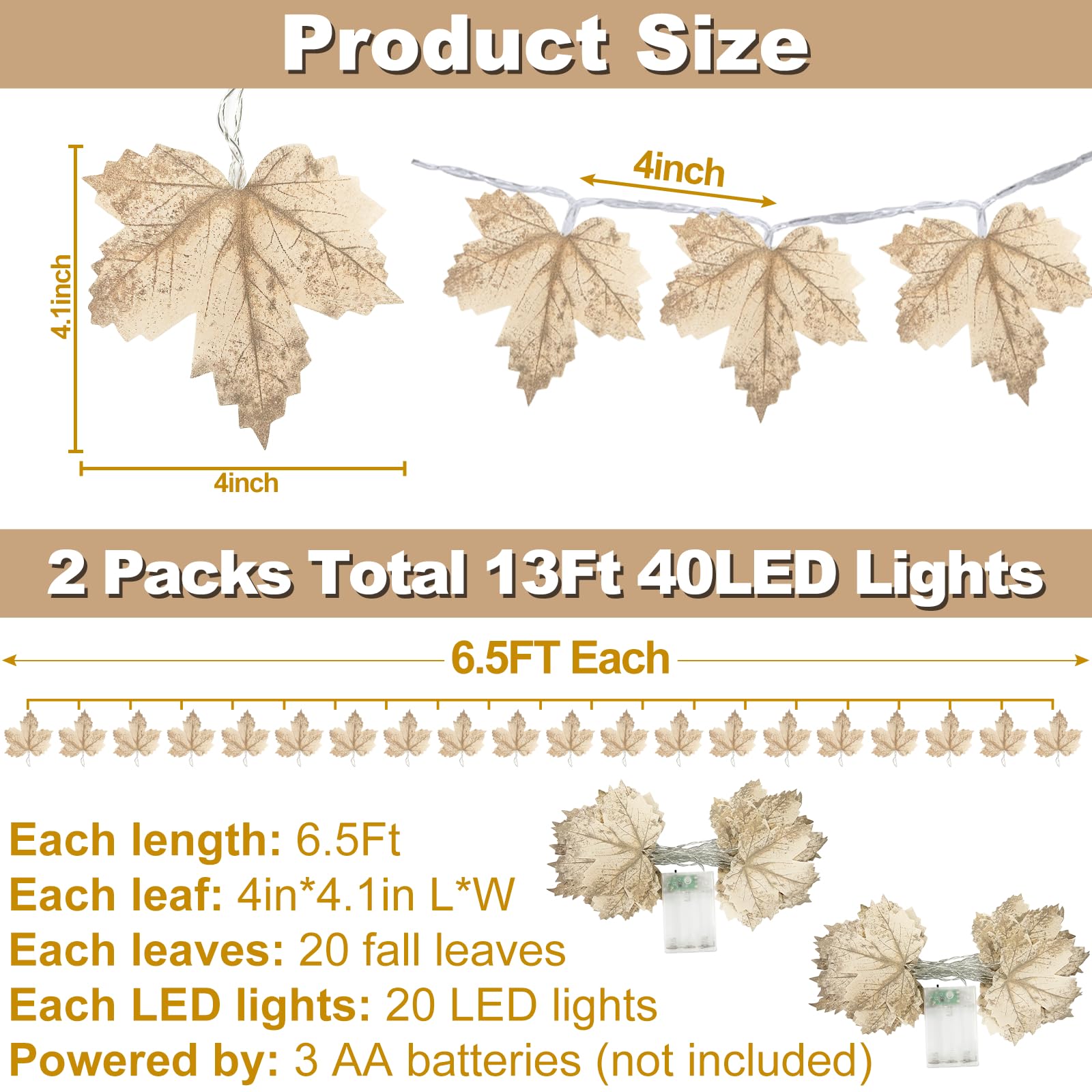 Timer - 2 Pack Thanksgiving Decorations Fall Garland with Lights Fall Decorations for Home, Maples Leaves Garland Thanksgiving Lights Total 13Ft 40LED Battery Operated Indoor Outdoor Christmas Decor - Image 3