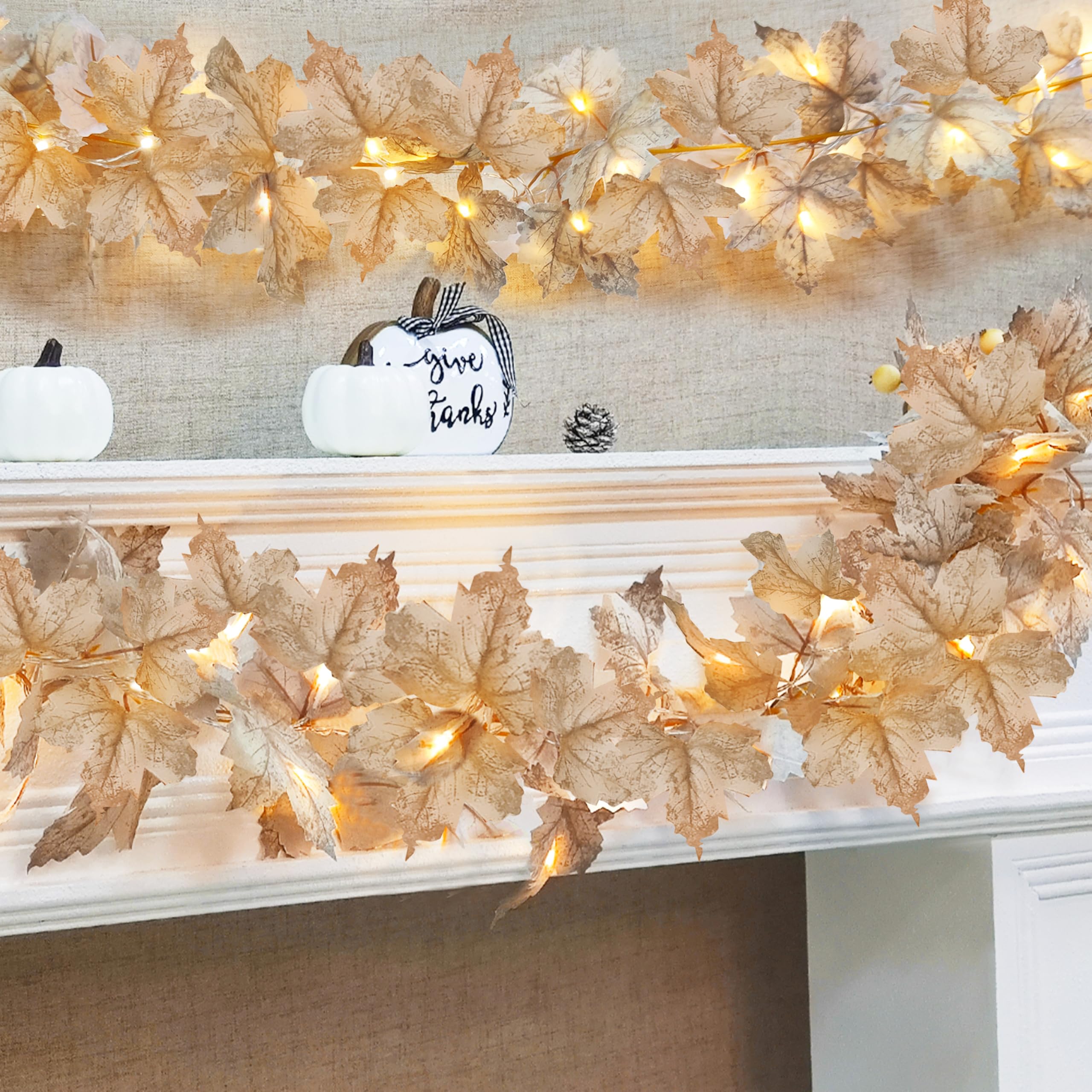 Timer - 2 Pack Thanksgiving Decorations Fall Garland with Lights Fall Decorations for Home, Maples Leaves Garland Thanksgiving Lights Total 13Ft 40LED Battery Operated Indoor Outdoor Christmas Decor - Image 5