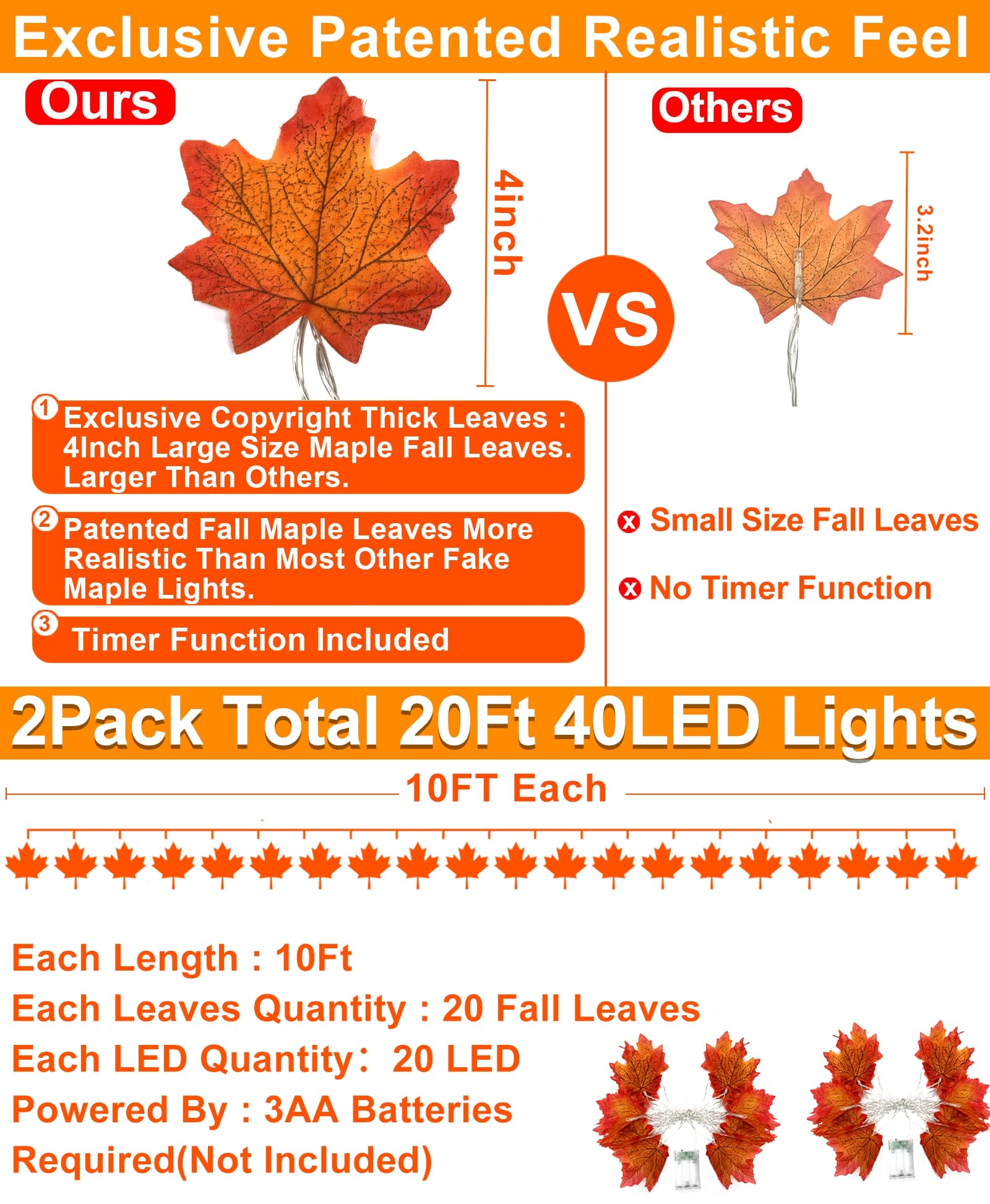 Timer - 2 Pack Thanksgiving Decorations Fall Garland with Lights Fall Decorations for Home, Maples Leaves Lighted Thanksgiving Garland 20FT 40LED Battery Operated Autumn Decor Indoor Outdoor Christmas - Image 3