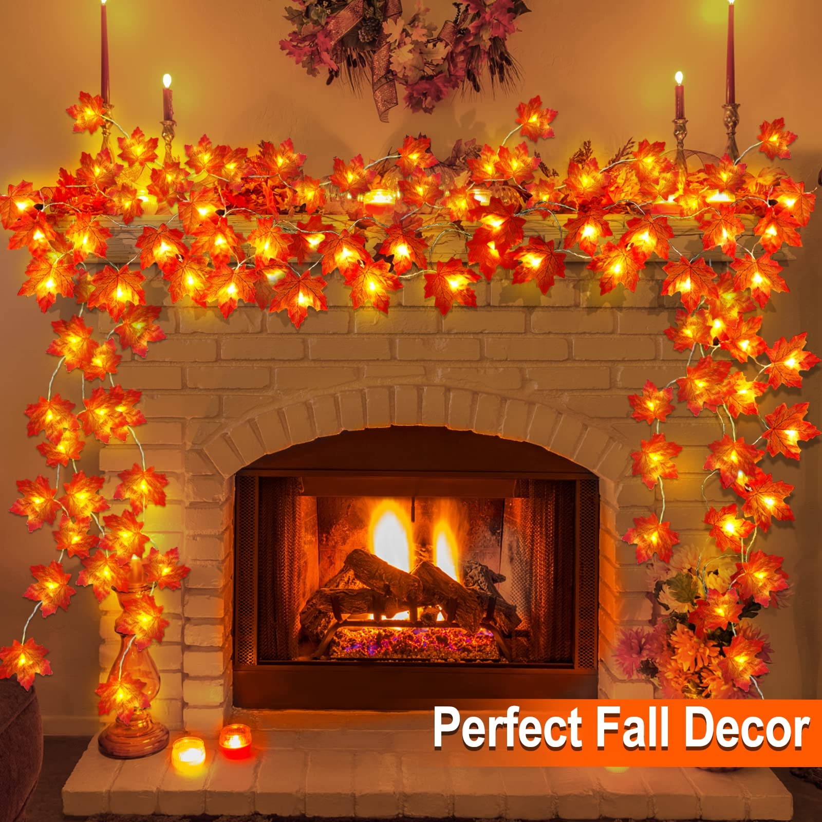 Timer - 2 Pack Thanksgiving Decorations Fall Garland with Lights Fall Decorations for Home, Maples Leaves Lighted Thanksgiving Garland 20FT 40LED Battery Operated Autumn Decor Indoor Outdoor Christmas - Image 4