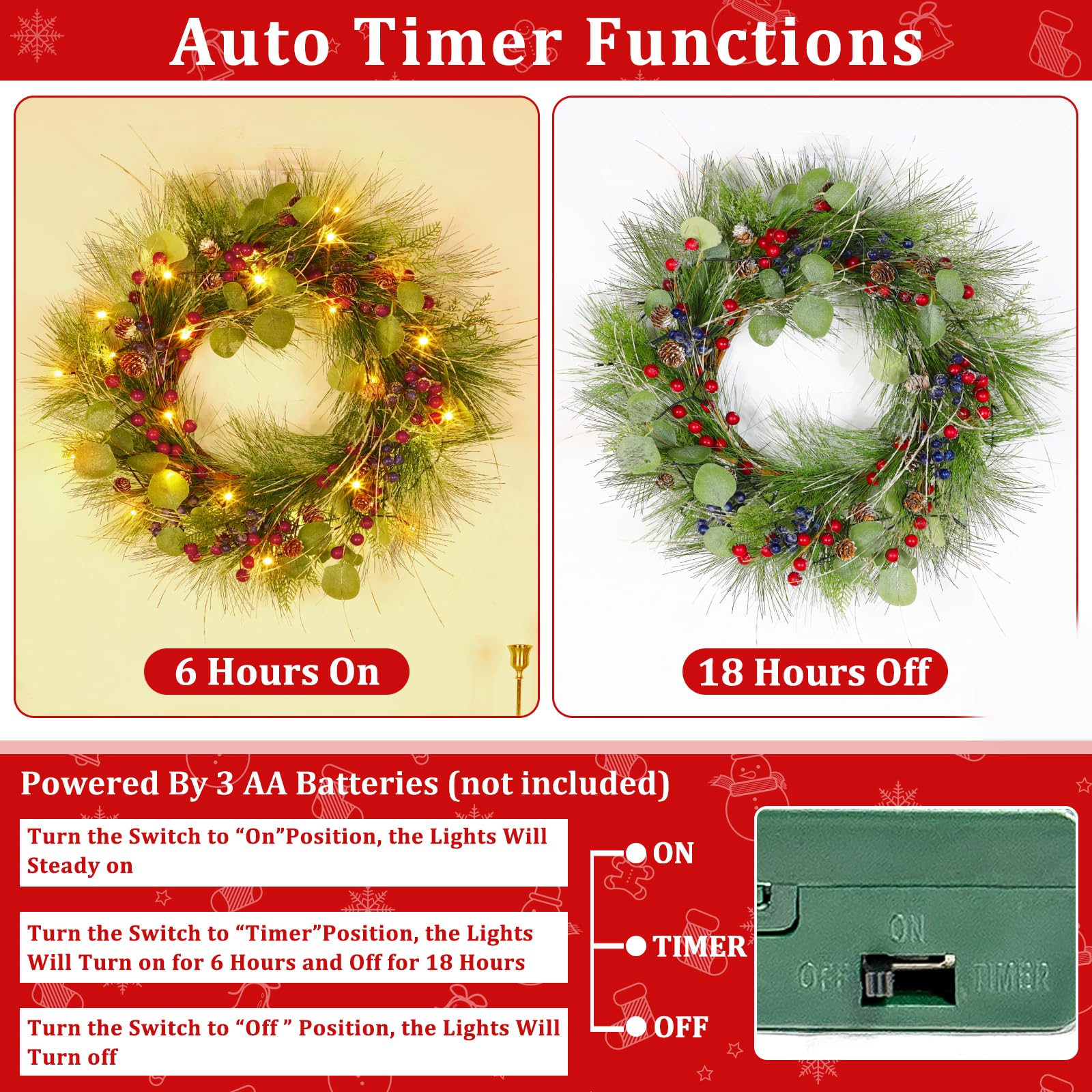 Timer - 20 Inch Lighted Christmas Wreaths for Front Door, Winter Wreath with 30 LED Lights Snowy Pine Needles Eucalyptus Cypress Leaves Pinecones Red Blue Berries Xmas Wreath for Window Wall Mantle - Image 3