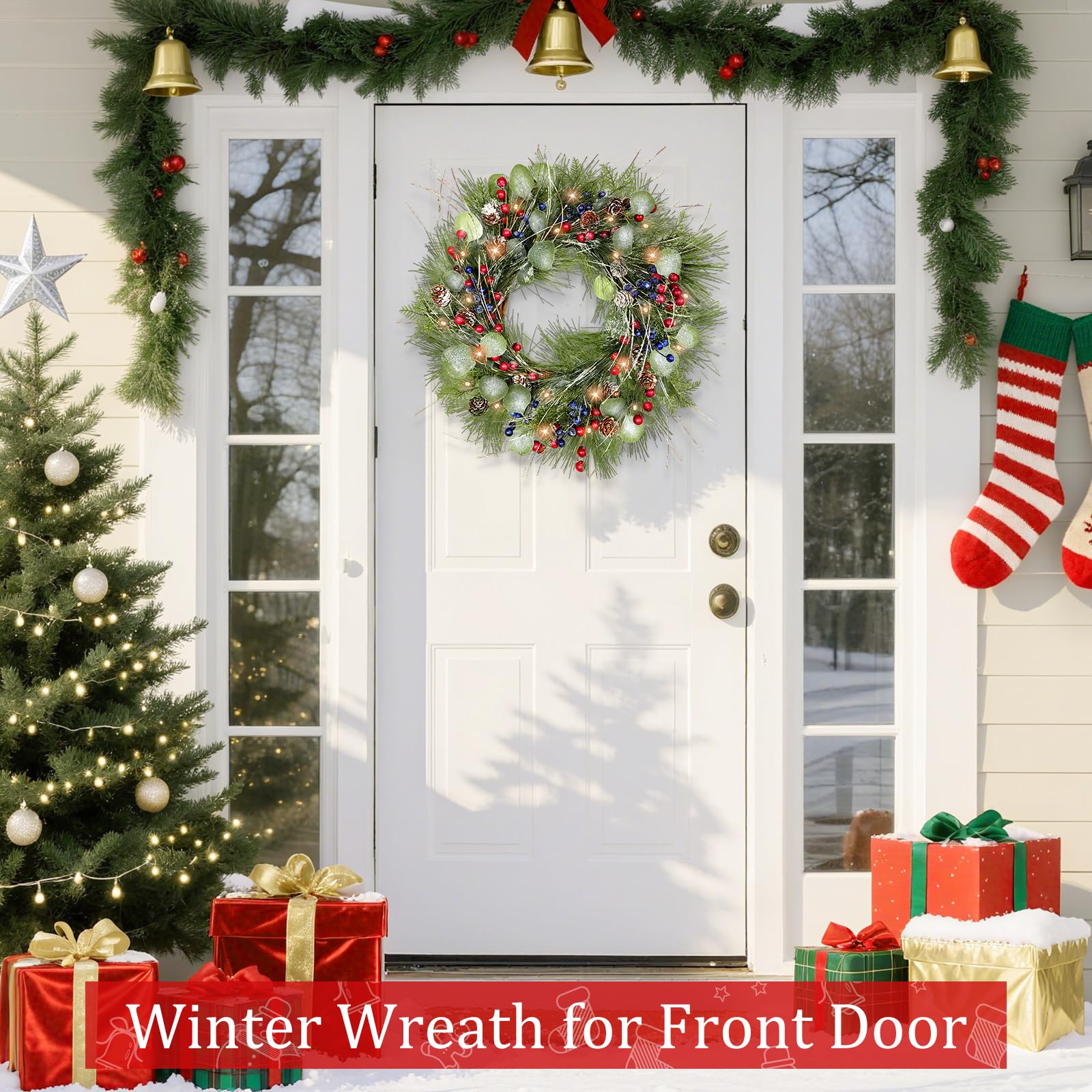 Timer - 20 Inch Lighted Christmas Wreaths for Front Door, Winter Wreath with 30 LED Lights Snowy Pine Needles Eucalyptus Cypress Leaves Pinecones Red Blue Berries Xmas Wreath for Window Wall Mantle - Image 5