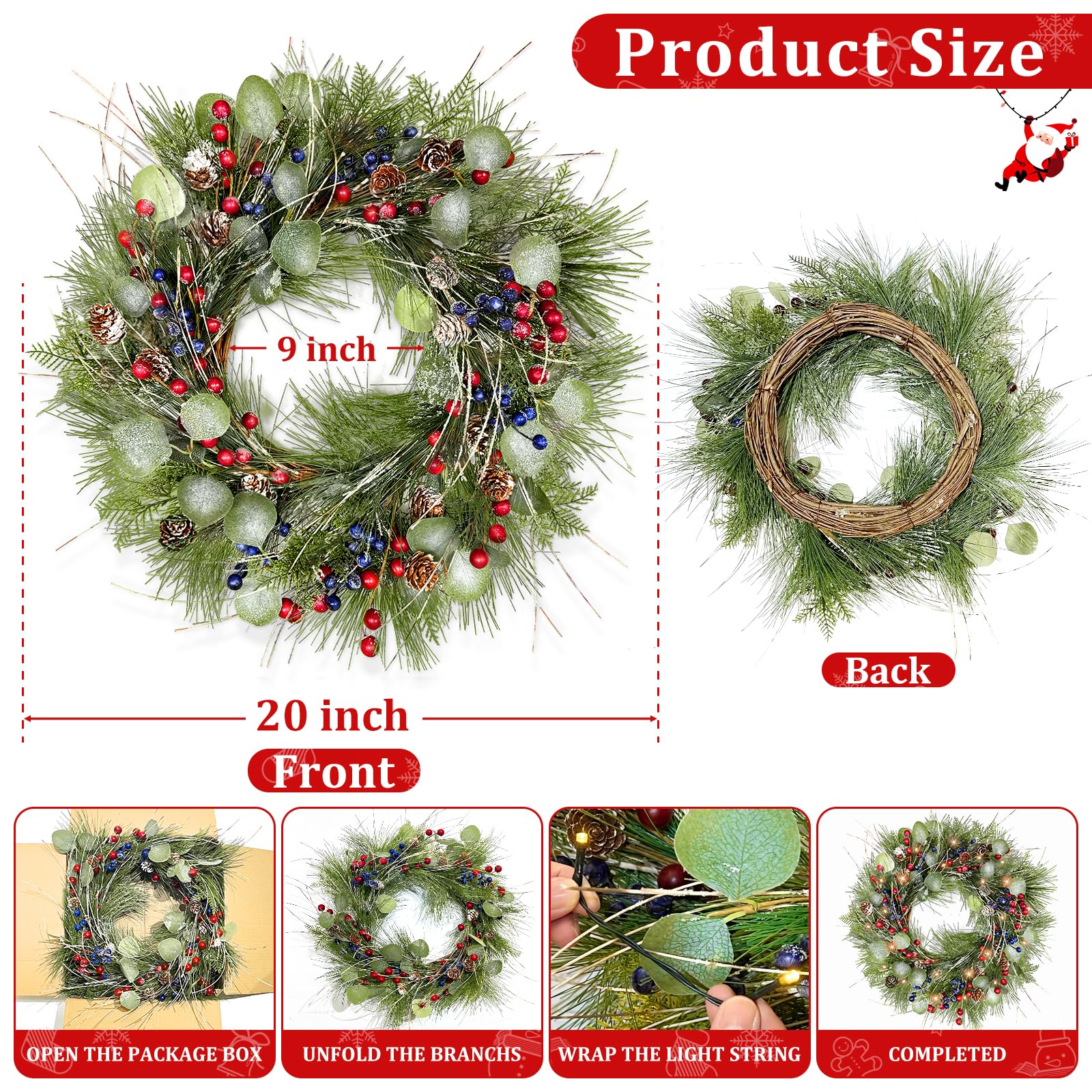 Timer - 20 Inch Lighted Christmas Wreaths for Front Door, Winter Wreath with 30 LED Lights Snowy Pine Needles Eucalyptus Cypress Leaves Pinecones Red Blue Berries Xmas Wreath for Window Wall Mantle - Image 6
