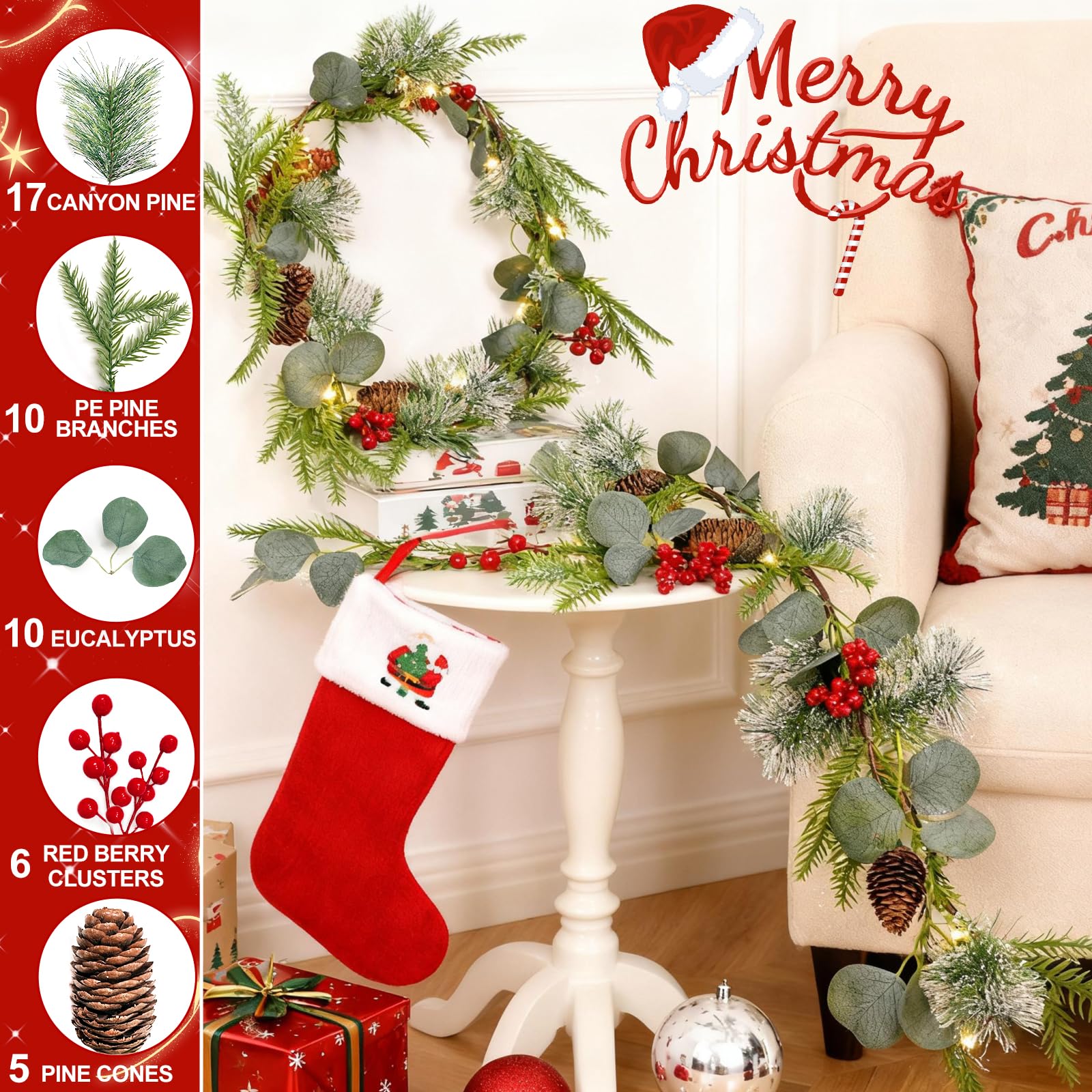 Timer - 6 Ft Snow Flocked Prelit Christmas Garland, Real Touch Cedar Garland with Lights, Red Berries & Pine Pinecones, Battery Operated Christmas Garlands for Mantel Table Stairs Holiday Decor - Image 3