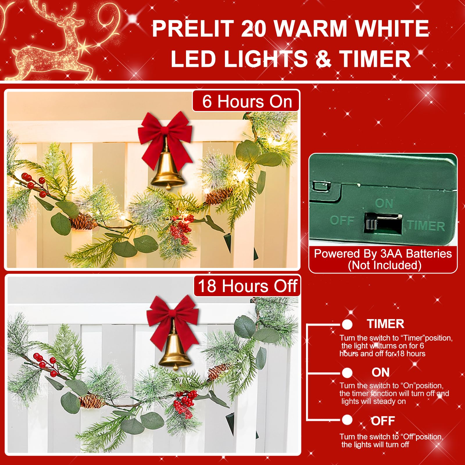 Timer - 6 Ft Snow Flocked Prelit Christmas Garland, Real Touch Cedar Garland with Lights, Red Berries & Pine Pinecones, Battery Operated Christmas Garlands for Mantel Table Stairs Holiday Decor - Image 4