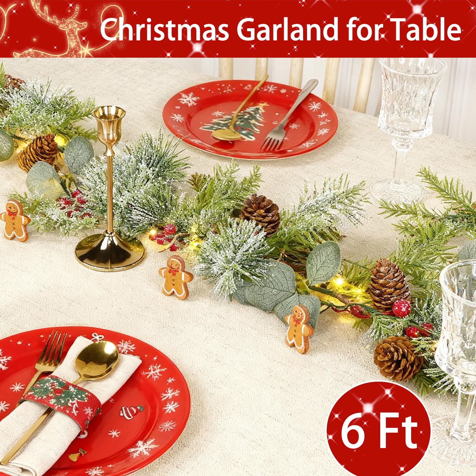 Timer - 6 Ft Snow Flocked Prelit Christmas Garland, Real Touch Cedar Garland with Lights, Red Berries & Pine Pinecones, Battery Operated Christmas Garlands for Mantel Table Stairs Holiday Decor - Image 5