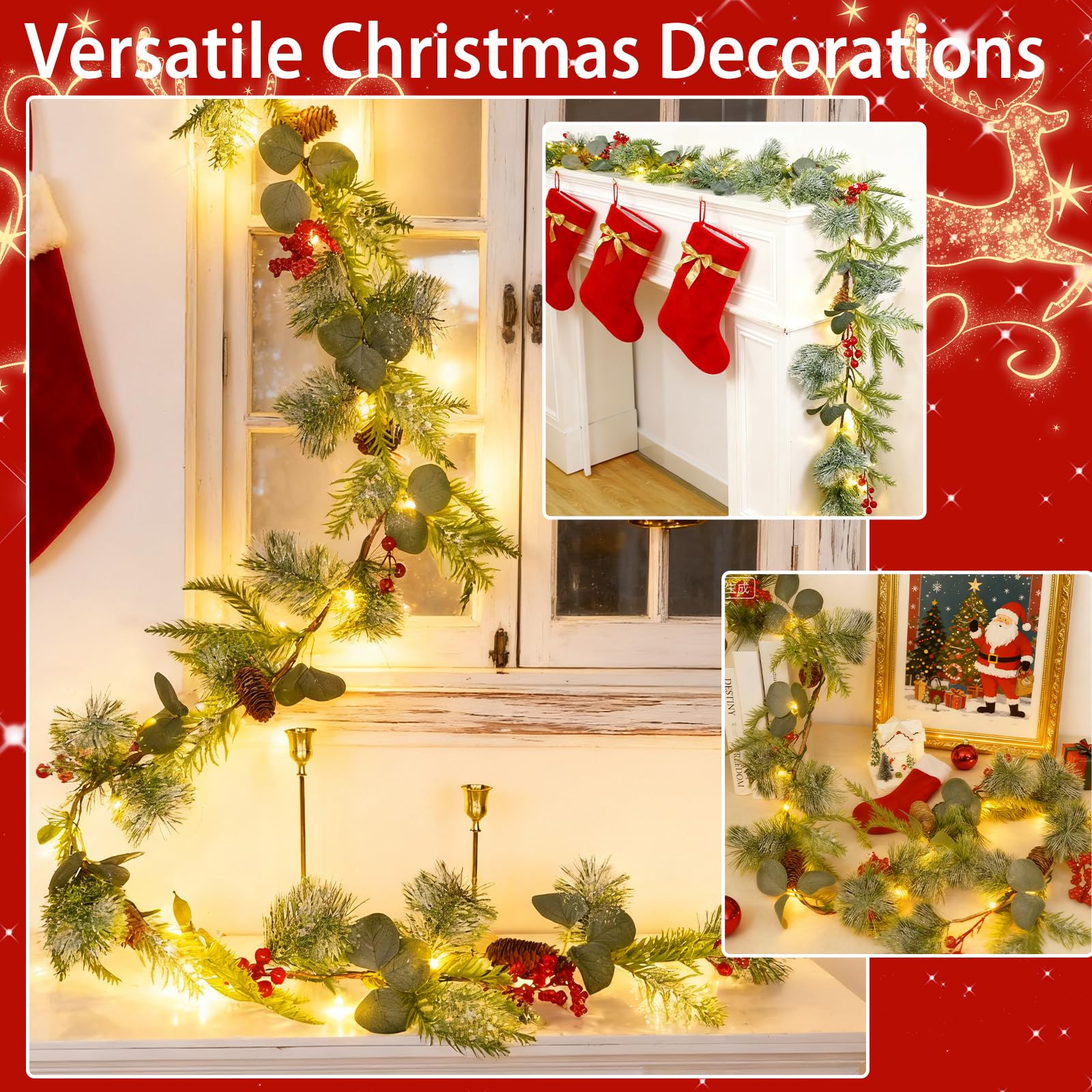 Timer - 6 Ft Snow Flocked Prelit Christmas Garland, Real Touch Cedar Garland with Lights, Red Berries & Pine Pinecones, Battery Operated Christmas Garlands for Mantel Table Stairs Holiday Decor - Image 6