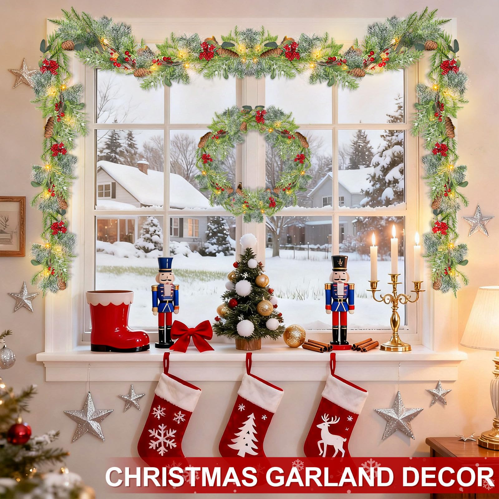 Timer - 6 Ft Snow Flocked Prelit Christmas Garland, Real Touch Cedar Garland with Lights, Red Berries & Pine Pinecones, Battery Operated Christmas Garlands for Mantel Table Stairs Holiday Decor - Image 7