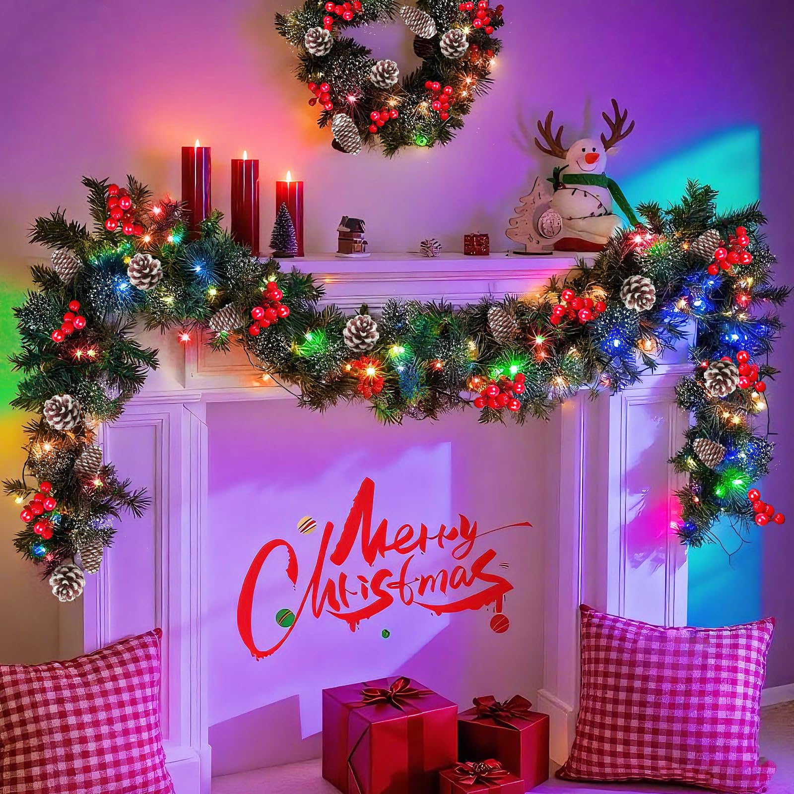 Timer 8 Modes - 9 Ft by 10 Inch Prelit Christmas Garland with 50 Colorful Lights Thick 270 Snowy Branches 10 Pinecone 70 Berry Battery Operated Xmas Decor Mantle Stairs Porch Front Door Indoor Outdoor - Image 4