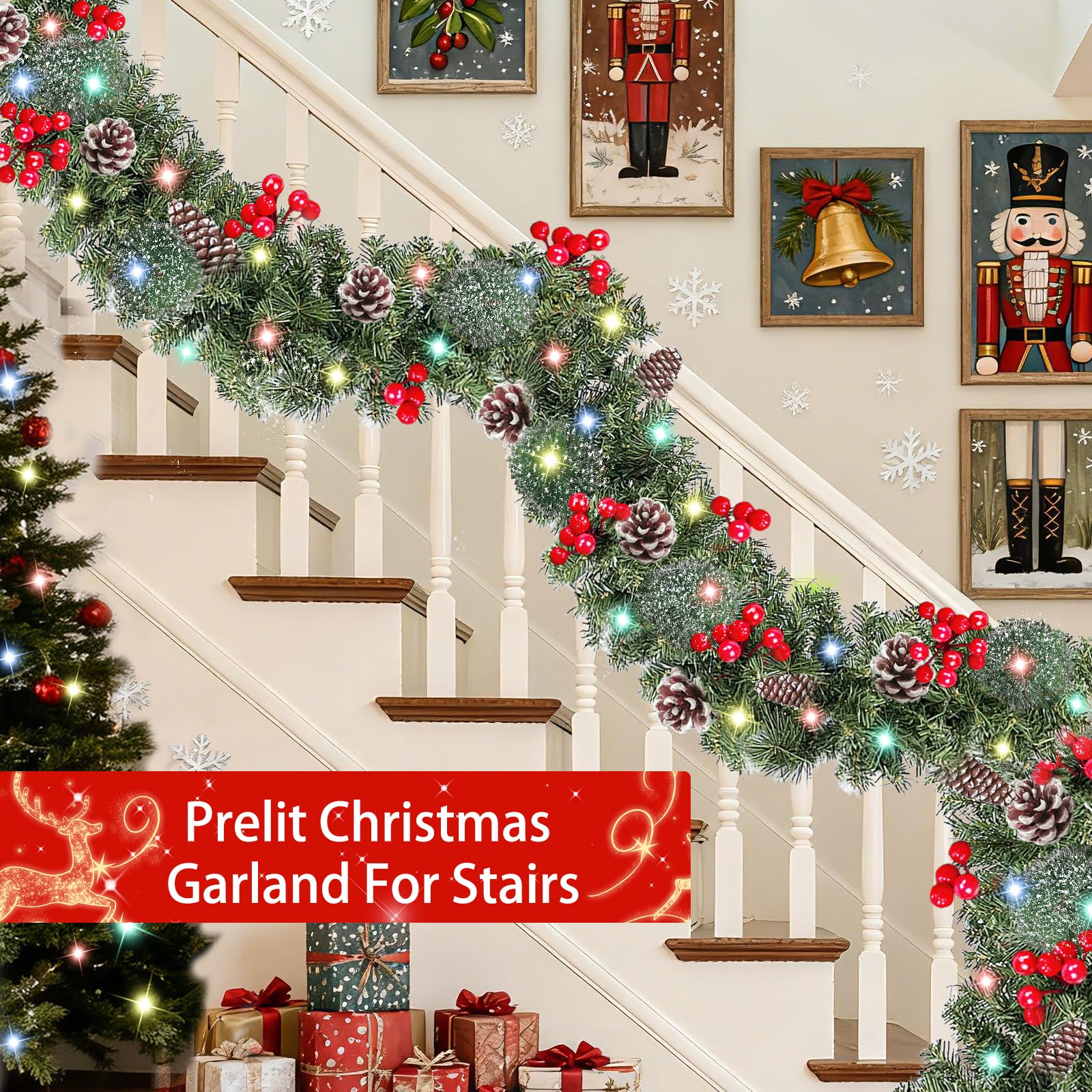 Timer 8 Modes - 9 Ft by 10 Inch Prelit Christmas Garland with 50 Colorful Lights Thick 270 Snowy Branches 10 Pinecone 70 Berry Battery Operated Xmas Decor Mantle Stairs Porch Front Door Indoor Outdoor - Image 5