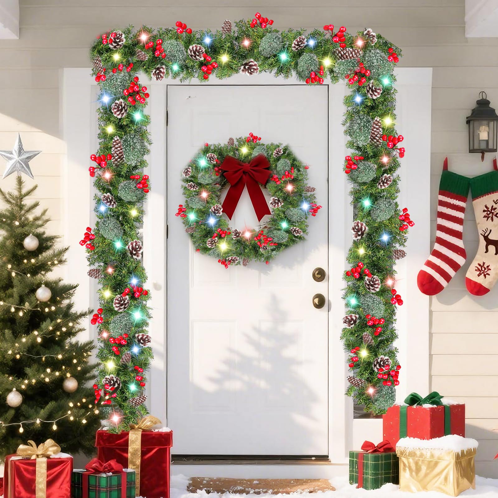 Timer 8 Modes - 9 Ft by 10 Inch Prelit Christmas Garland with 50 Colorful Lights Thick 270 Snowy Branches 10 Pinecone 70 Berry Battery Operated Xmas Decor Mantle Stairs Porch Front Door Indoor Outdoor - Image 6