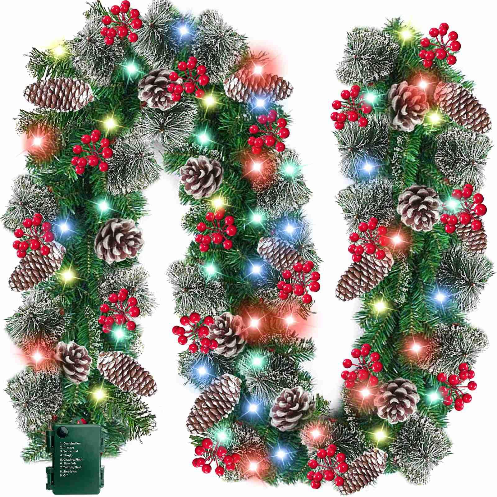 Timer 8 Modes - 9 Ft by 10 Inch Prelit Christmas Garland with 50 Colorful Lights Thick 270 Snowy Branches 10 Pinecone 70 Berry Battery Operated Xmas Decor Mantle Stairs Porch Front Door Indoor Outdoor - Image 7