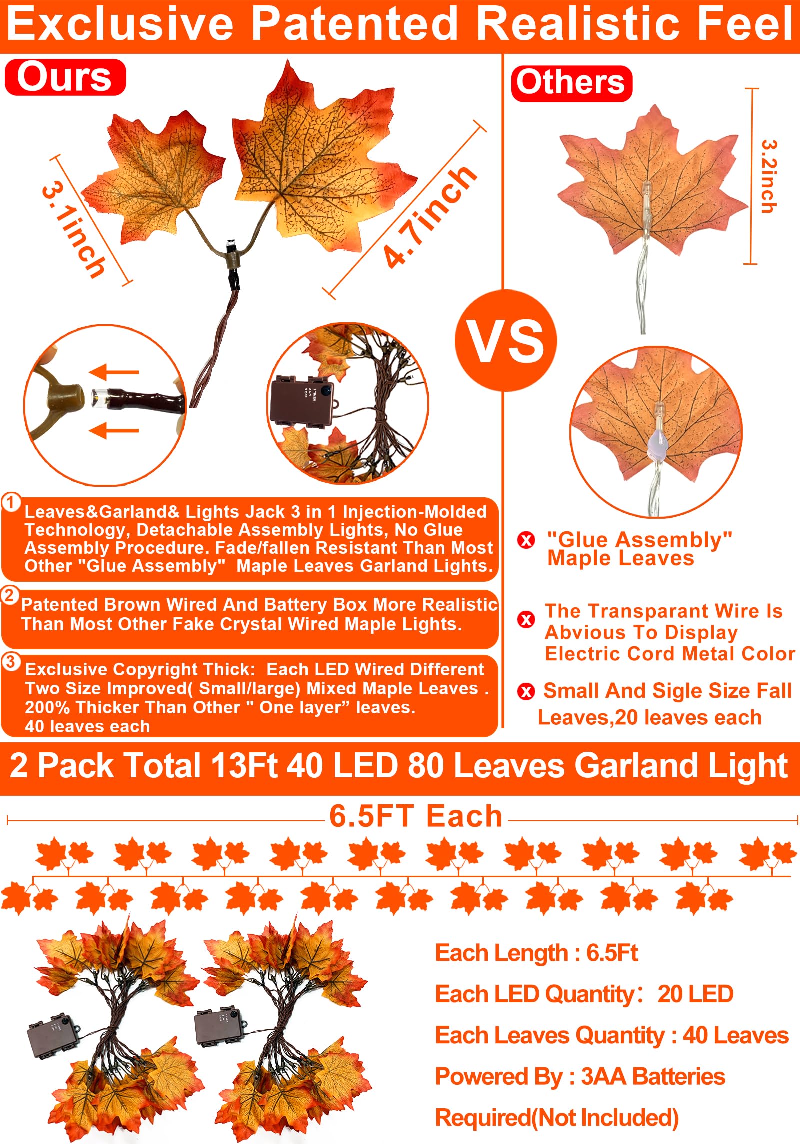 Timer & Thicker Leaves - 2 Pack Fall Garland with Lights Thanksgiving Fall Decorations for Home Total 80 Leaves 40LED 13Ft Battery Operated Lighted Thanksgiving Garland Home Indoor Outdoor Christmas - Image 3
