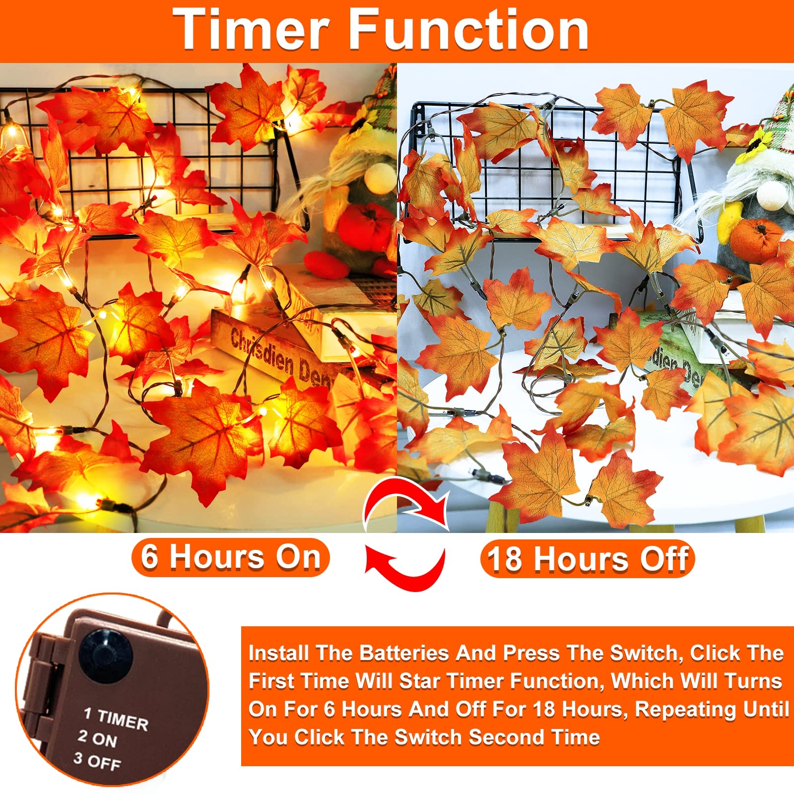 Timer & Thicker Leaves - 2 Pack Fall Garland with Lights Thanksgiving Fall Decorations for Home Total 80 Leaves 40LED 13Ft Battery Operated Lighted Thanksgiving Garland Home Indoor Outdoor Christmas - Image 4