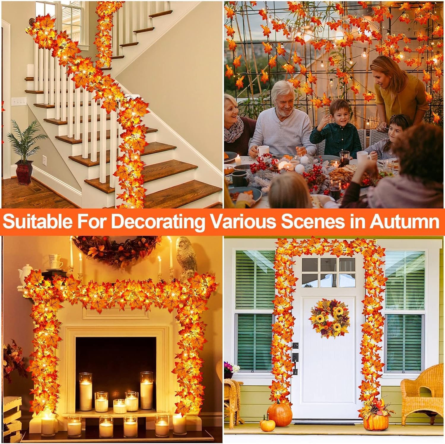 Timer & Thicker Leaves - 2 Pack Fall Garland with Lights Thanksgiving Fall Decorations for Home Total 80 Leaves 40LED 13Ft Battery Operated Lighted Thanksgiving Garland Home Indoor Outdoor Christmas - Image 6