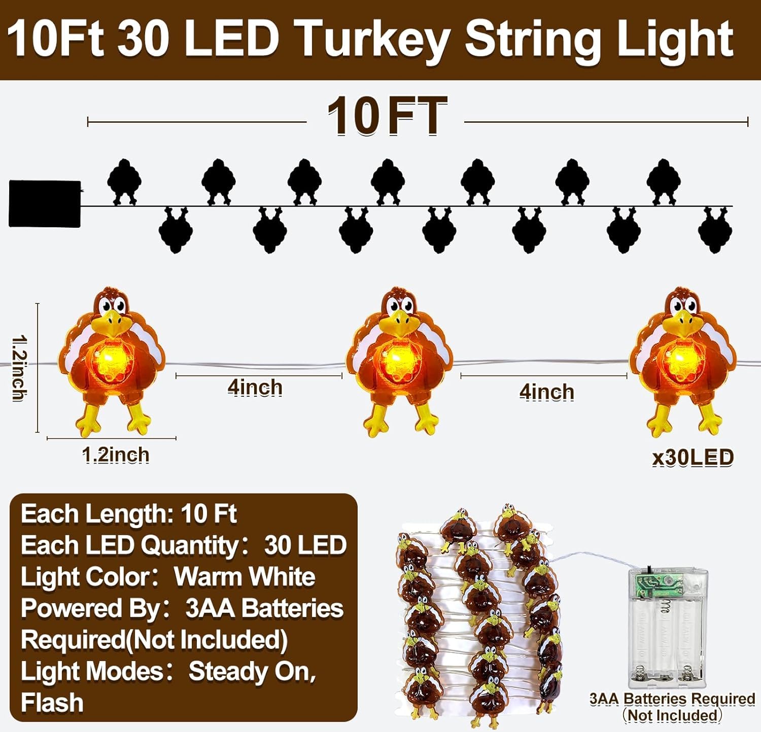 TURNMEON 10 Ft 30 LED Thanksgiving Turkey Lights Decorations Battery Operated Copper Wire Fairy String Lights Thanksgiving Lights Decoration Home Indoor Outdoor Party Autumn Harvest Decor - Image 3
